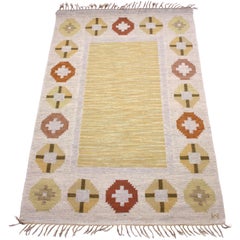 Swedish Flat Weave Röllakan Carpet Signed W, 1950s