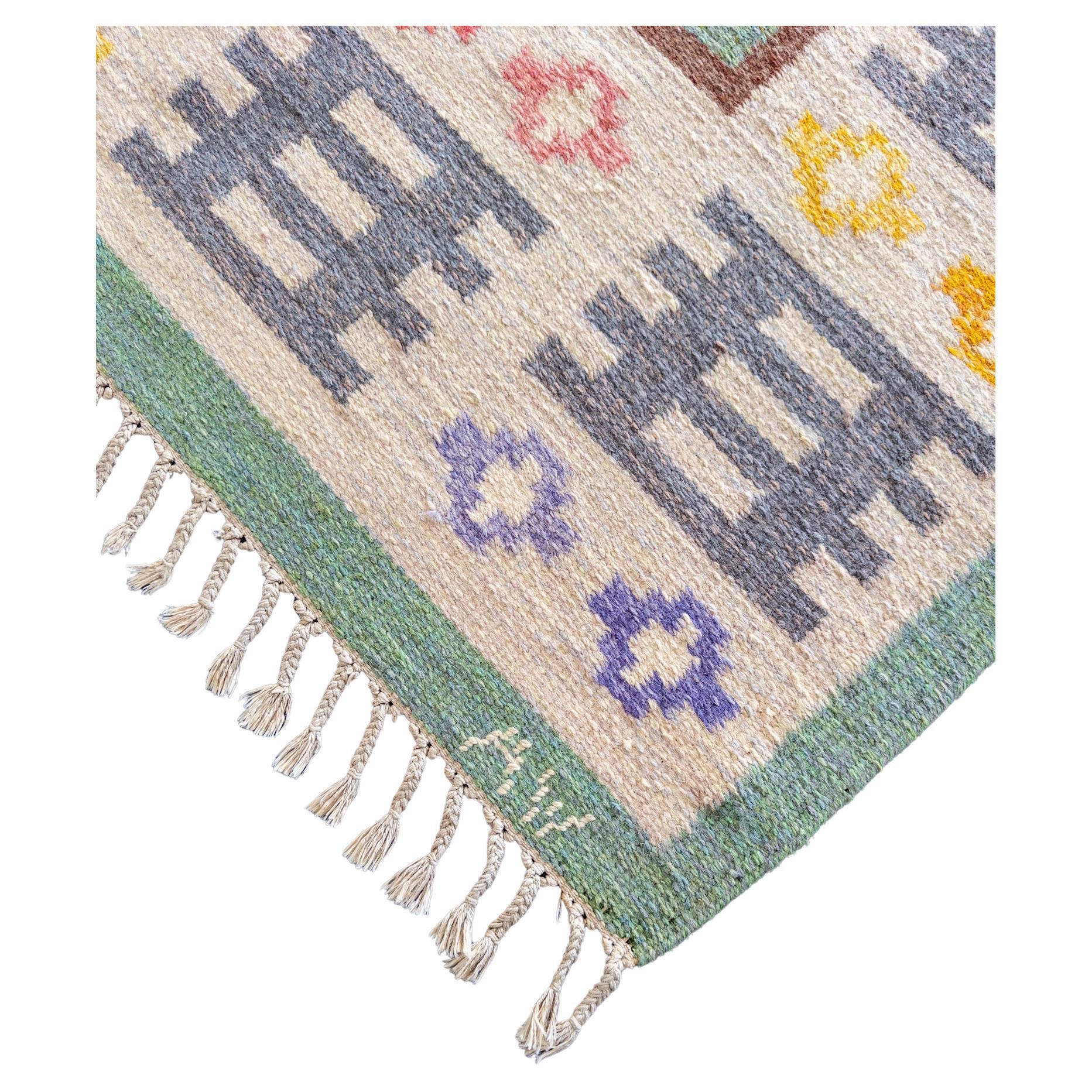 Swedish Flat-Weave Rug by Anna Wengholm, 1950s – Handwoven Rölakan in Green and