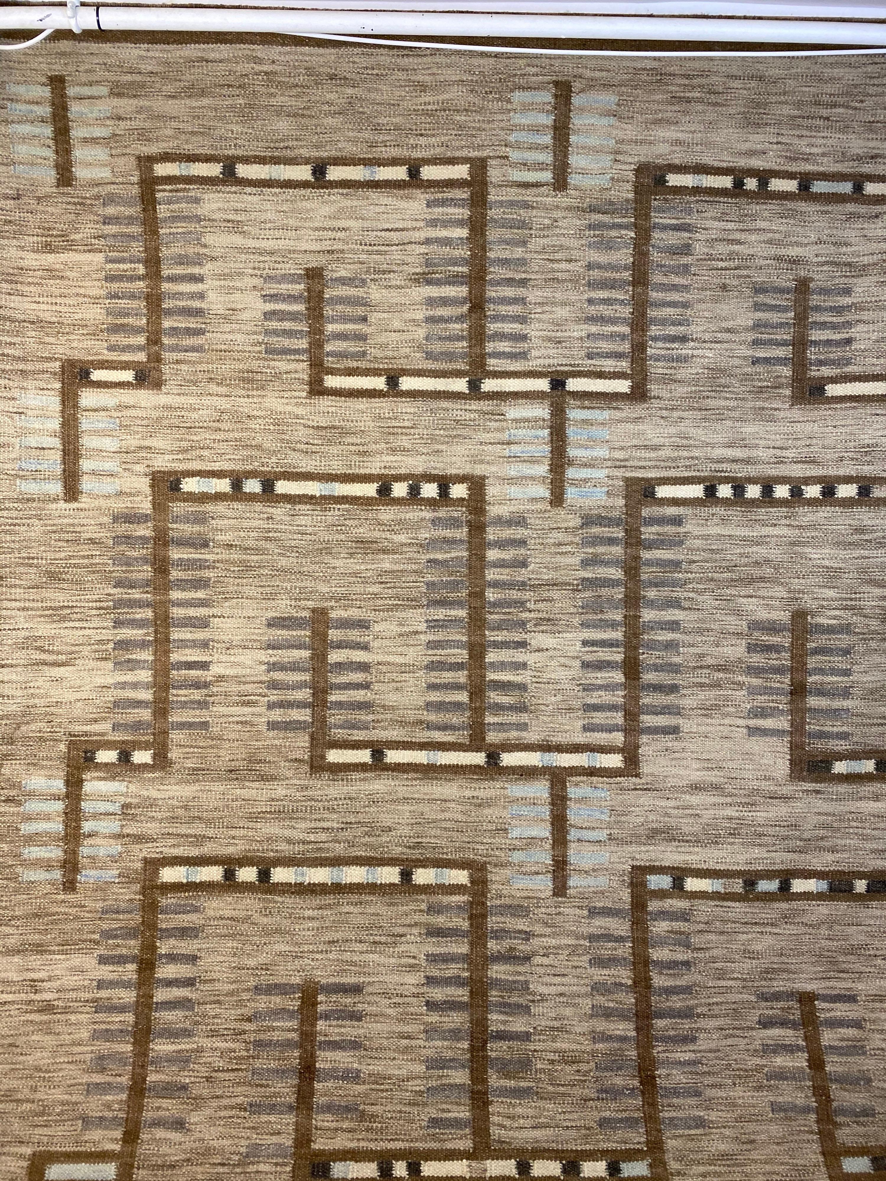 Swedish flat-weave wool carpet in amazing condition! Exceptionally clean showing no wear! Geometric design in shades of browns and tans. Great large size, 78