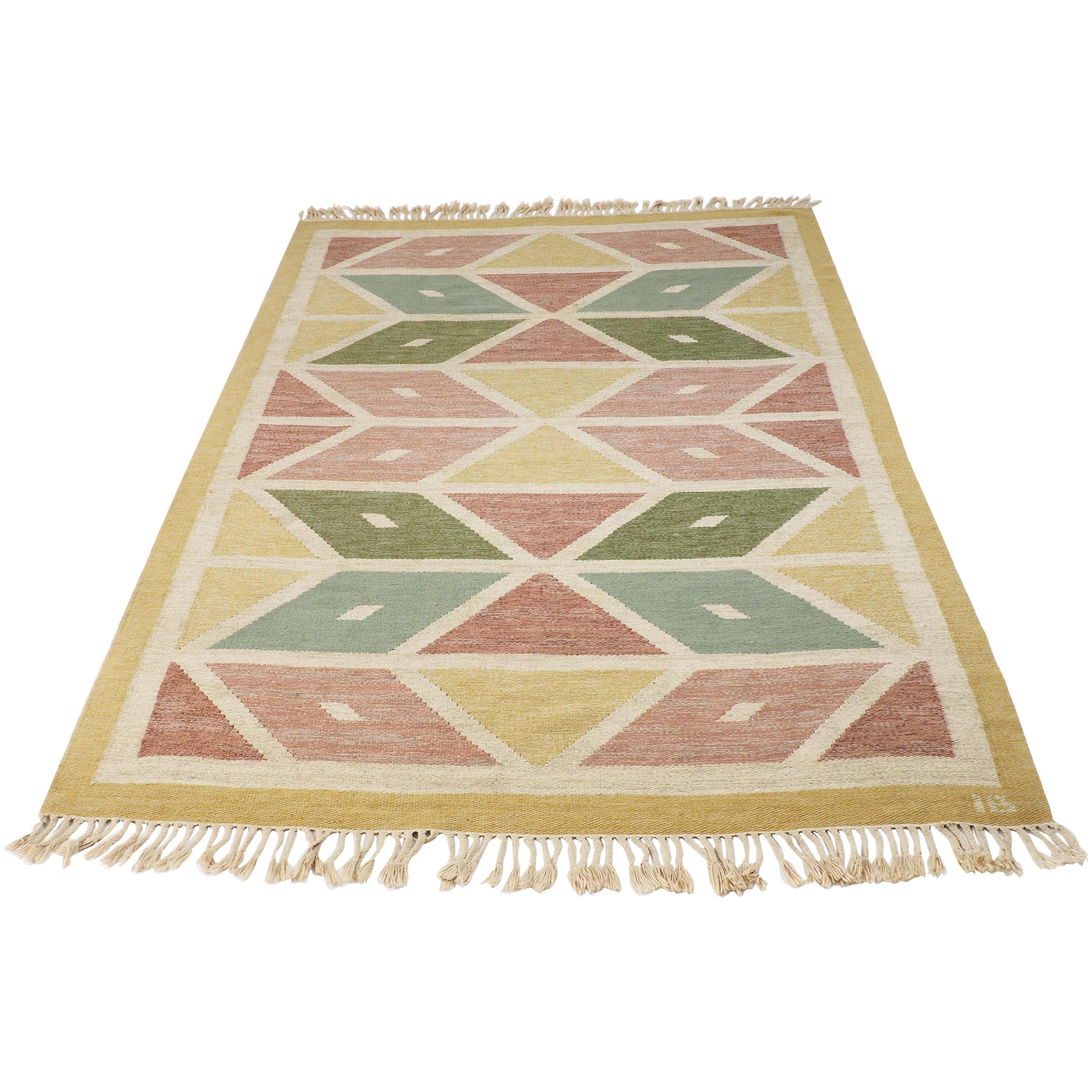 Swedish Flat-Woven Rug with Geometrical Pattern, Handmade and Signed For Sale