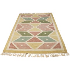 Swedish Flat-Woven Rug with Geometrical Pattern, Handmade and Signed