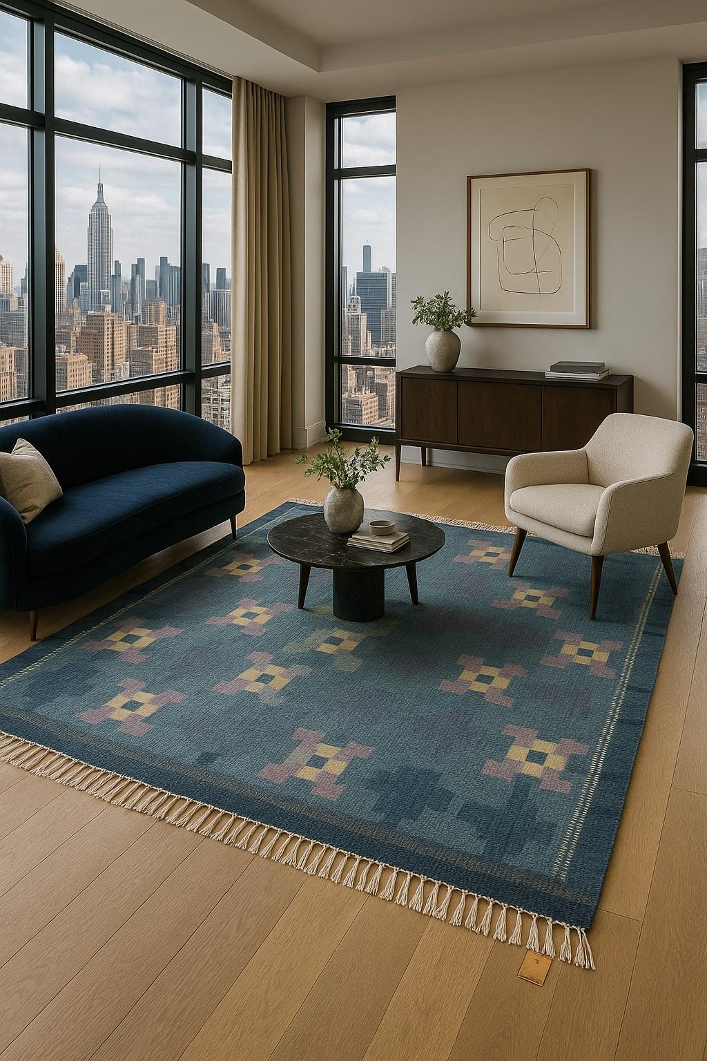 Suédois Tapis suédois Flatweave Signé Ingegerd Silow ca 1980 état impeccable en vente