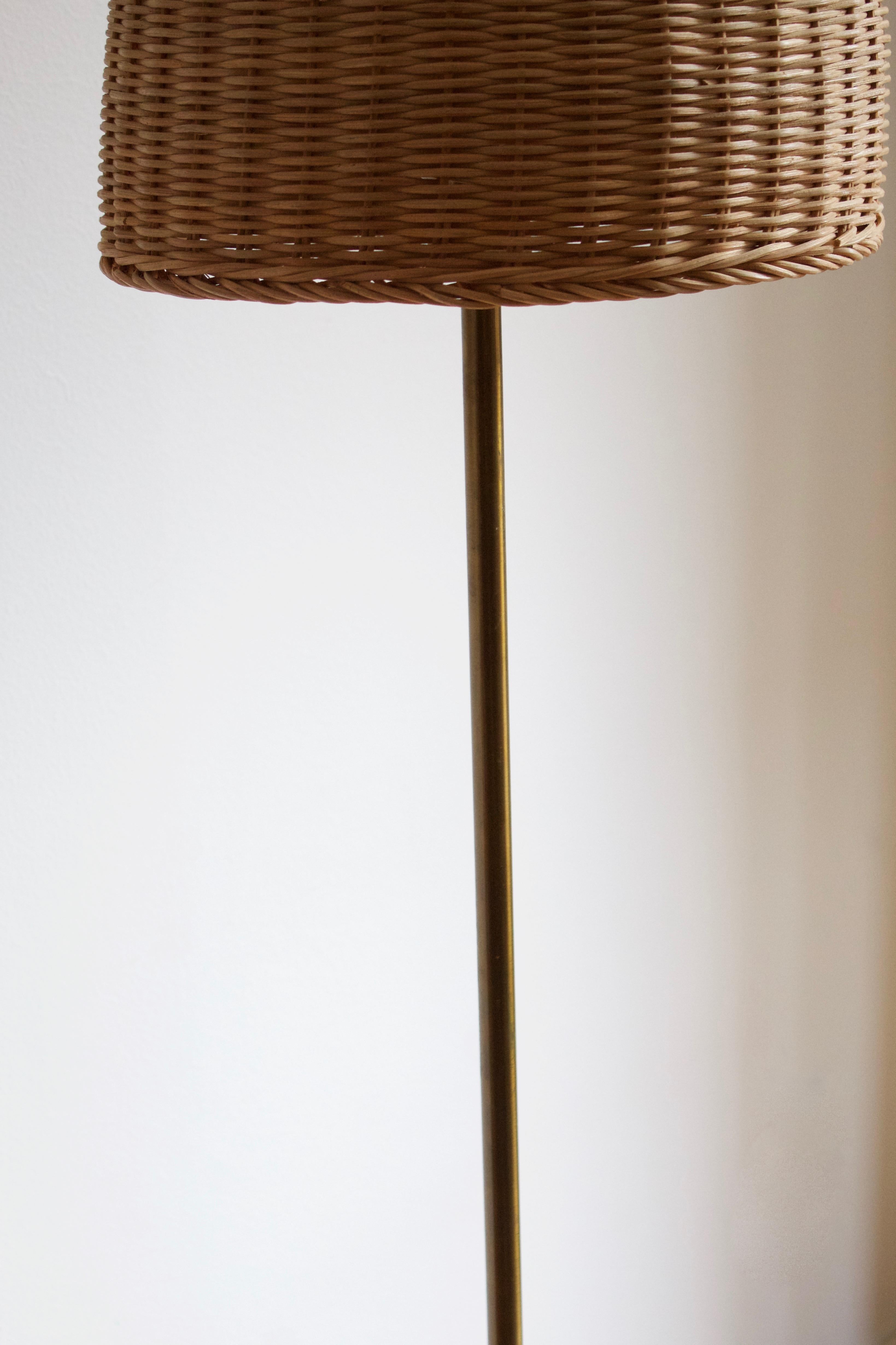 Swedish, Floor Lamp, Brass, Rattan, Sweden, 1950s In Good Condition In High Point, NC