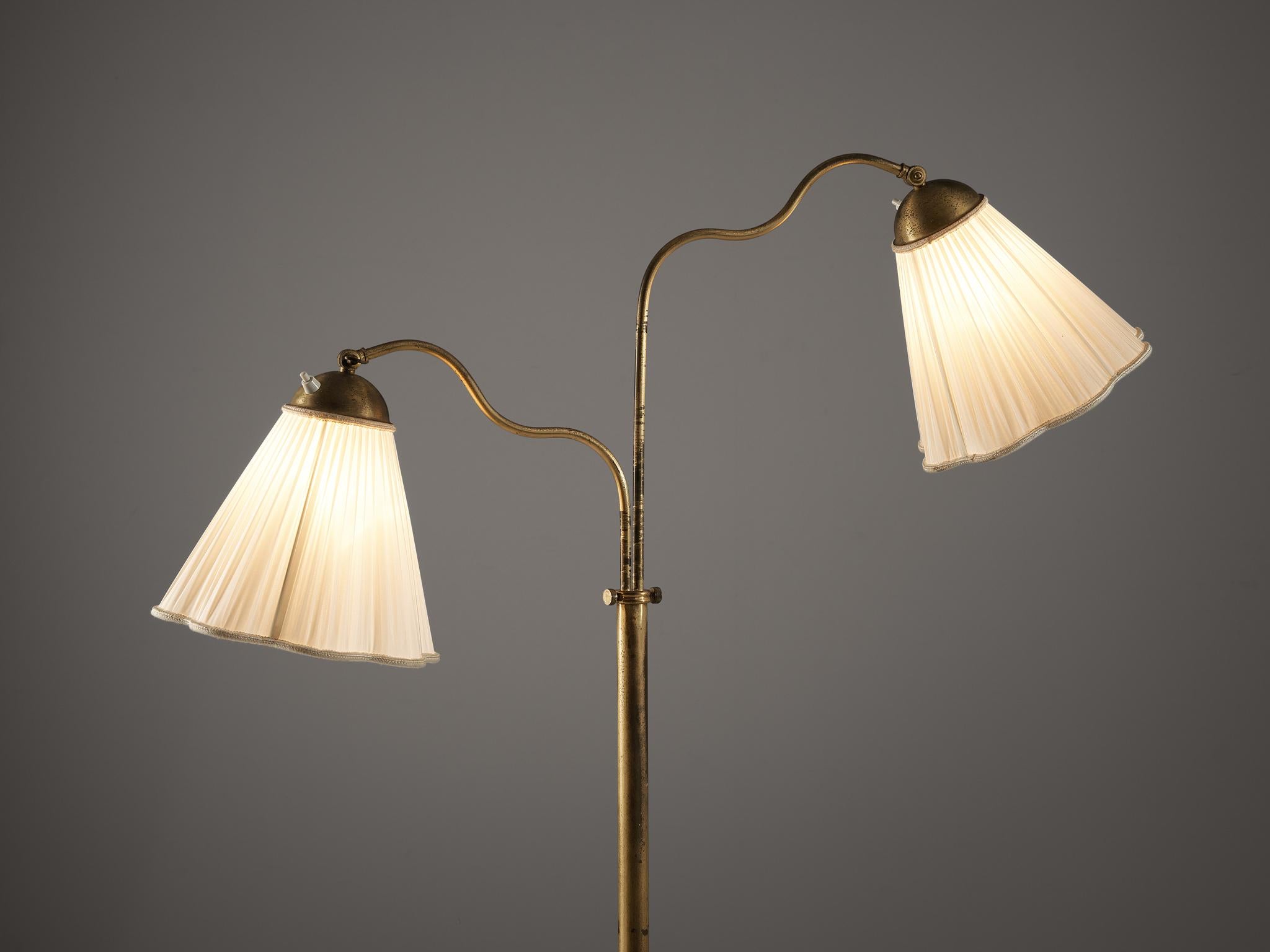 Scandinavian Modern Swedish Floor Lamp in Brass and Elegant White Shades