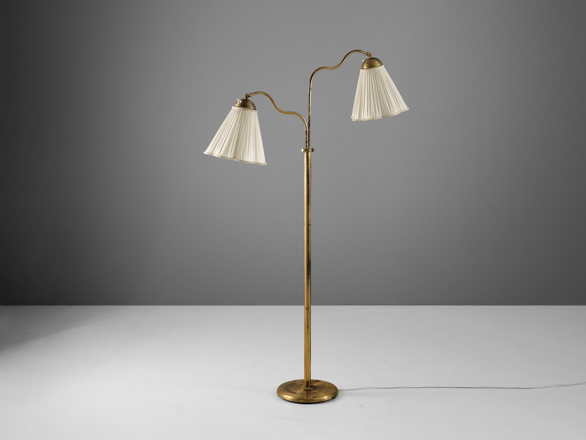 Swedish Floor Lamp in Brass and Elegant White Shades 2