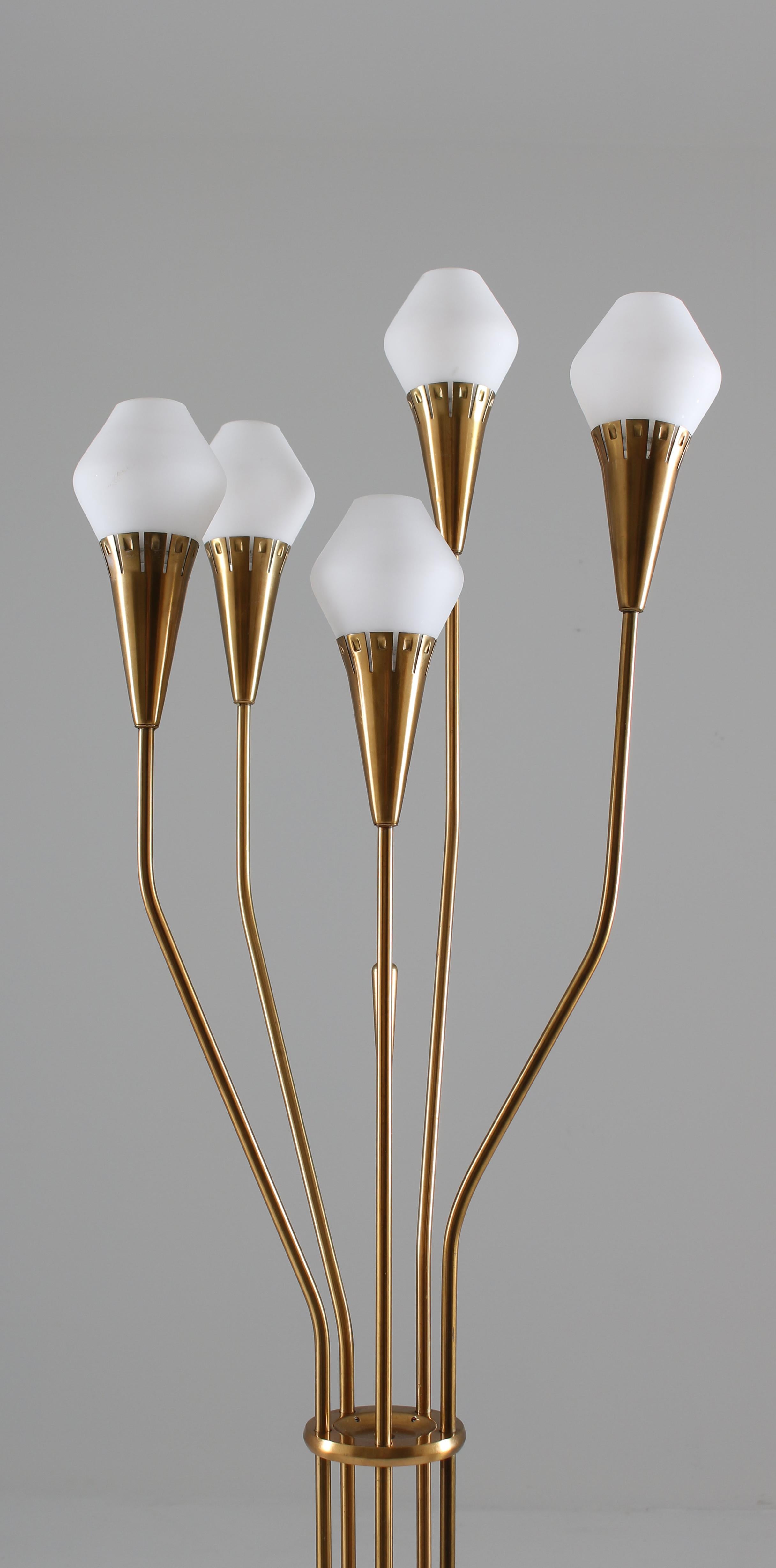Scandinavian Modern Swedish Floor Lamp in Brass and Opaline Glass by Böhlmarks, 1950s For Sale