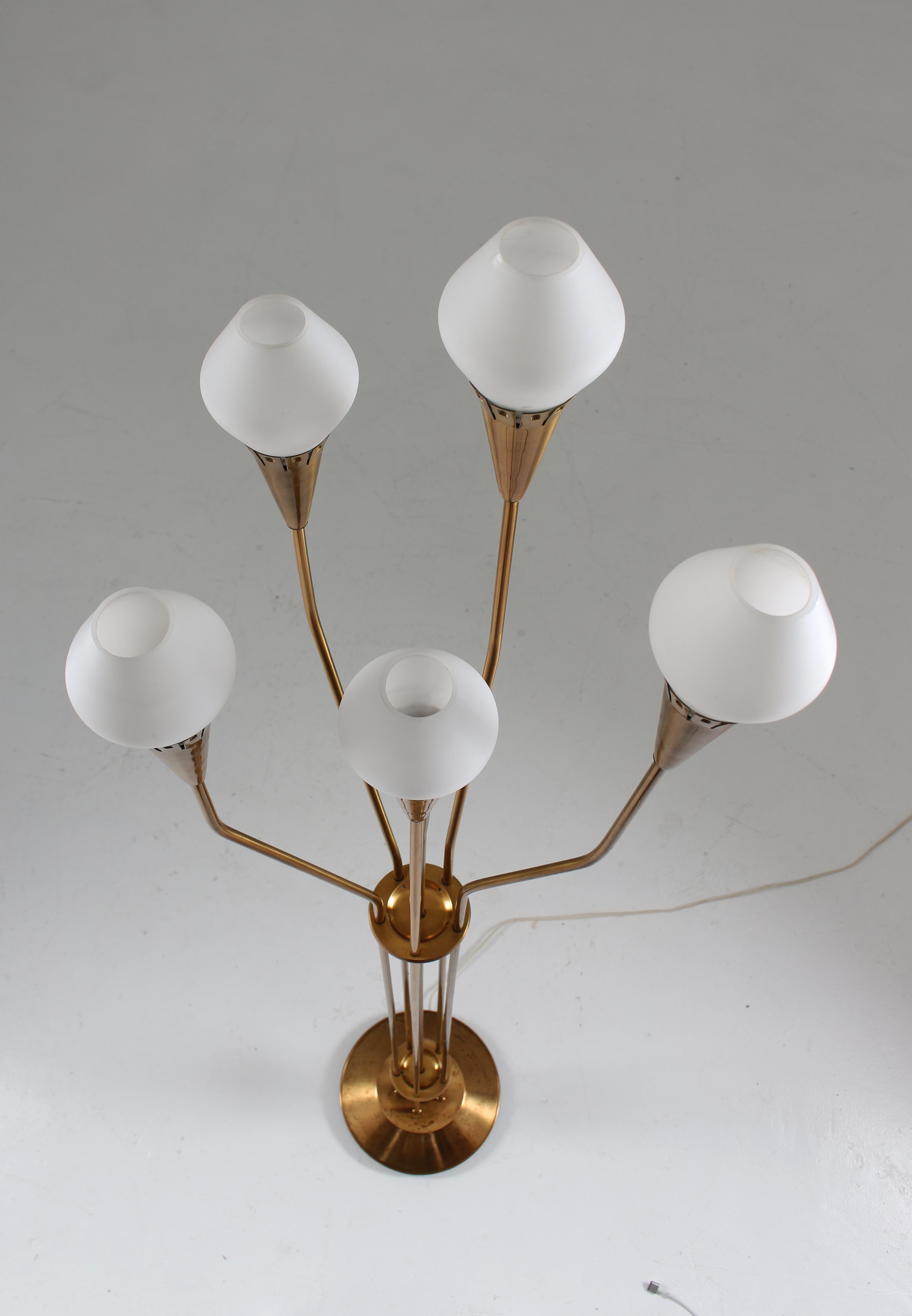 20th Century Swedish Floor Lamp in Brass and Opaline Glass by Böhlmarks, 1950s For Sale