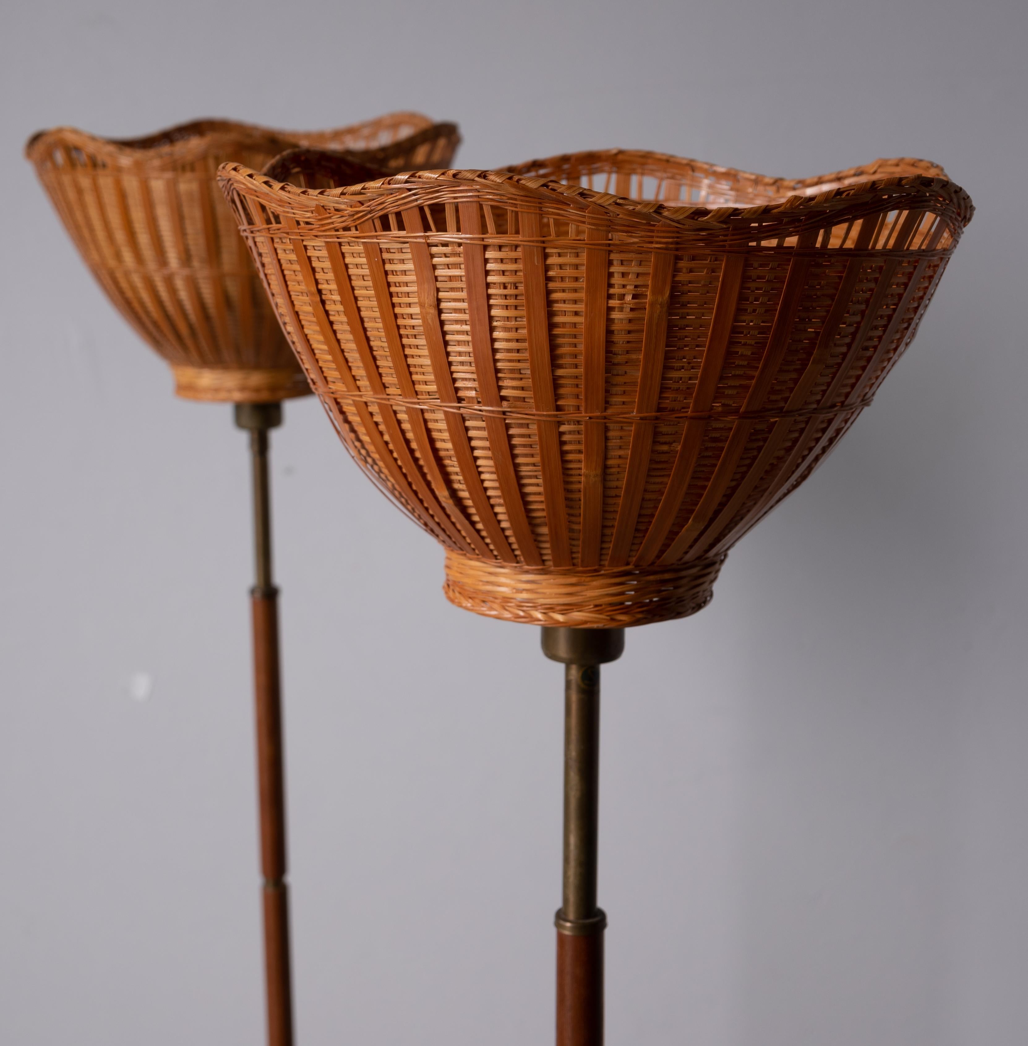 Swedish, Floor Lamps, Brass, Teak, Fabric Rattan, Sweden, 1950s In Good Condition In High Point, NC