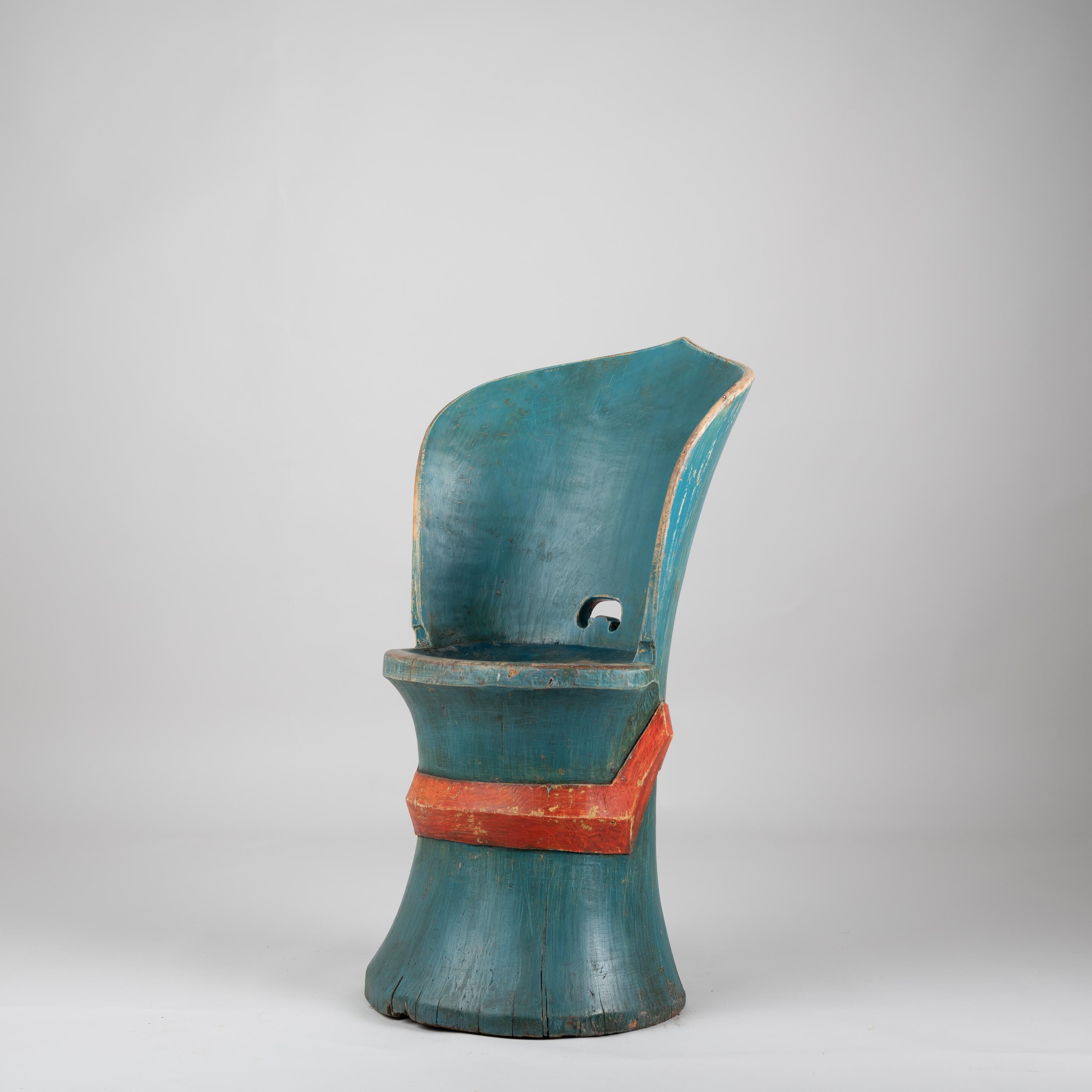 Hand-Crafted Swedish Folk Art Blue and Orange Kubbstol Chair