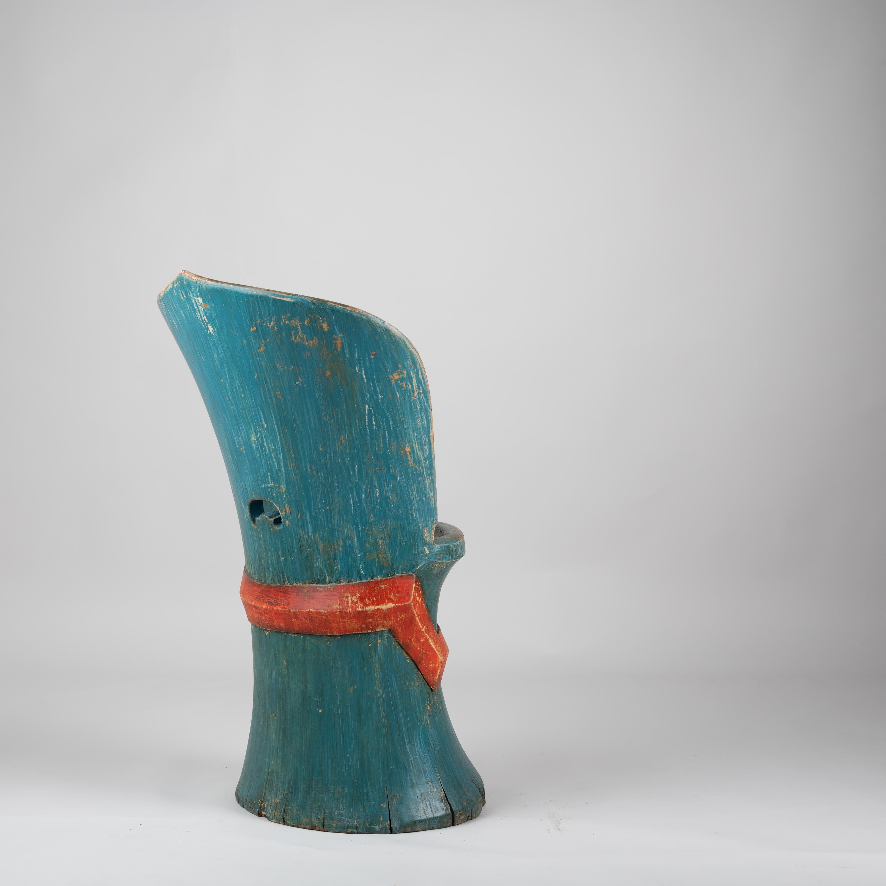 18th Century Swedish Folk Art Blue and Orange Kubbstol Chair