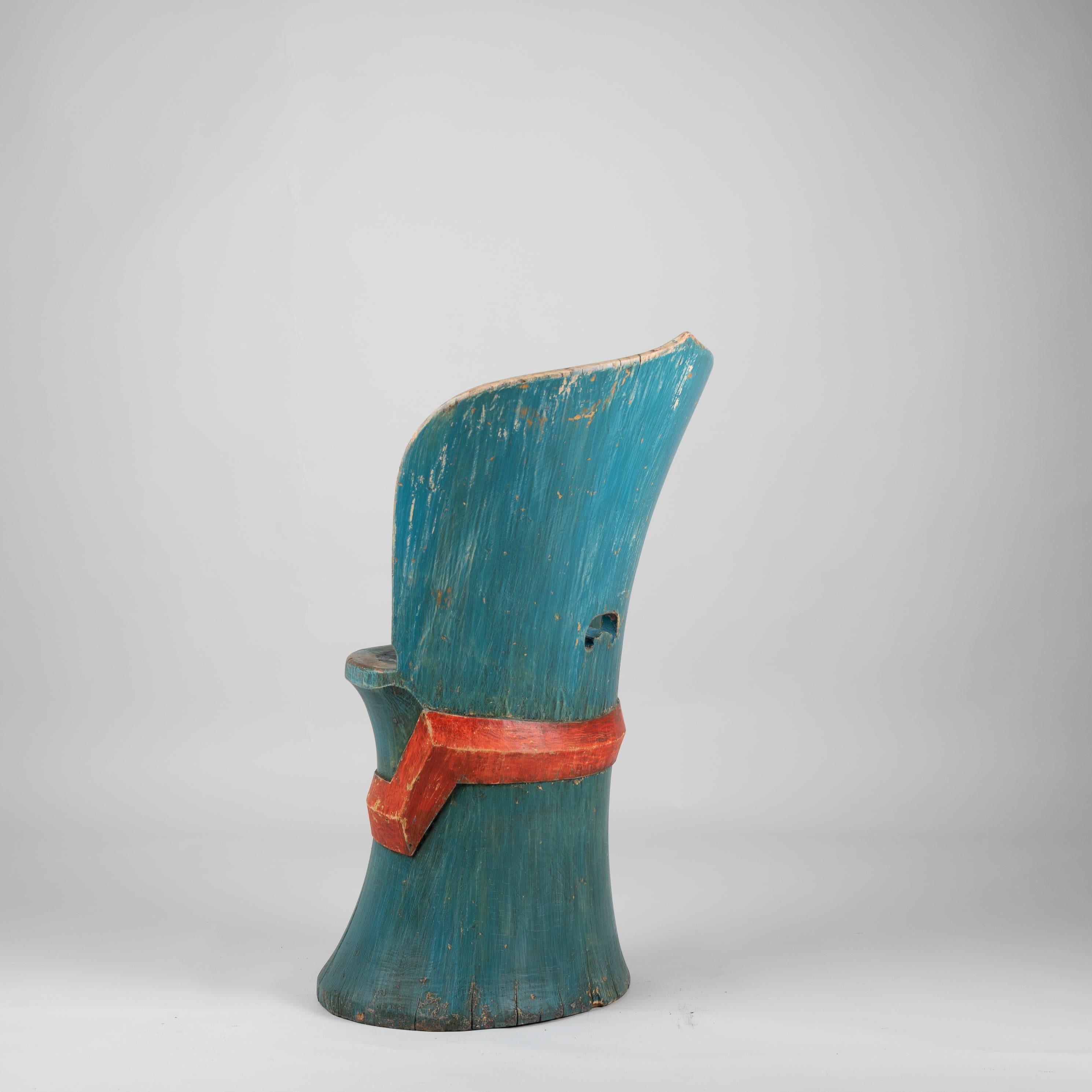 Pine Swedish Folk Art Blue and Orange Kubbstol Chair