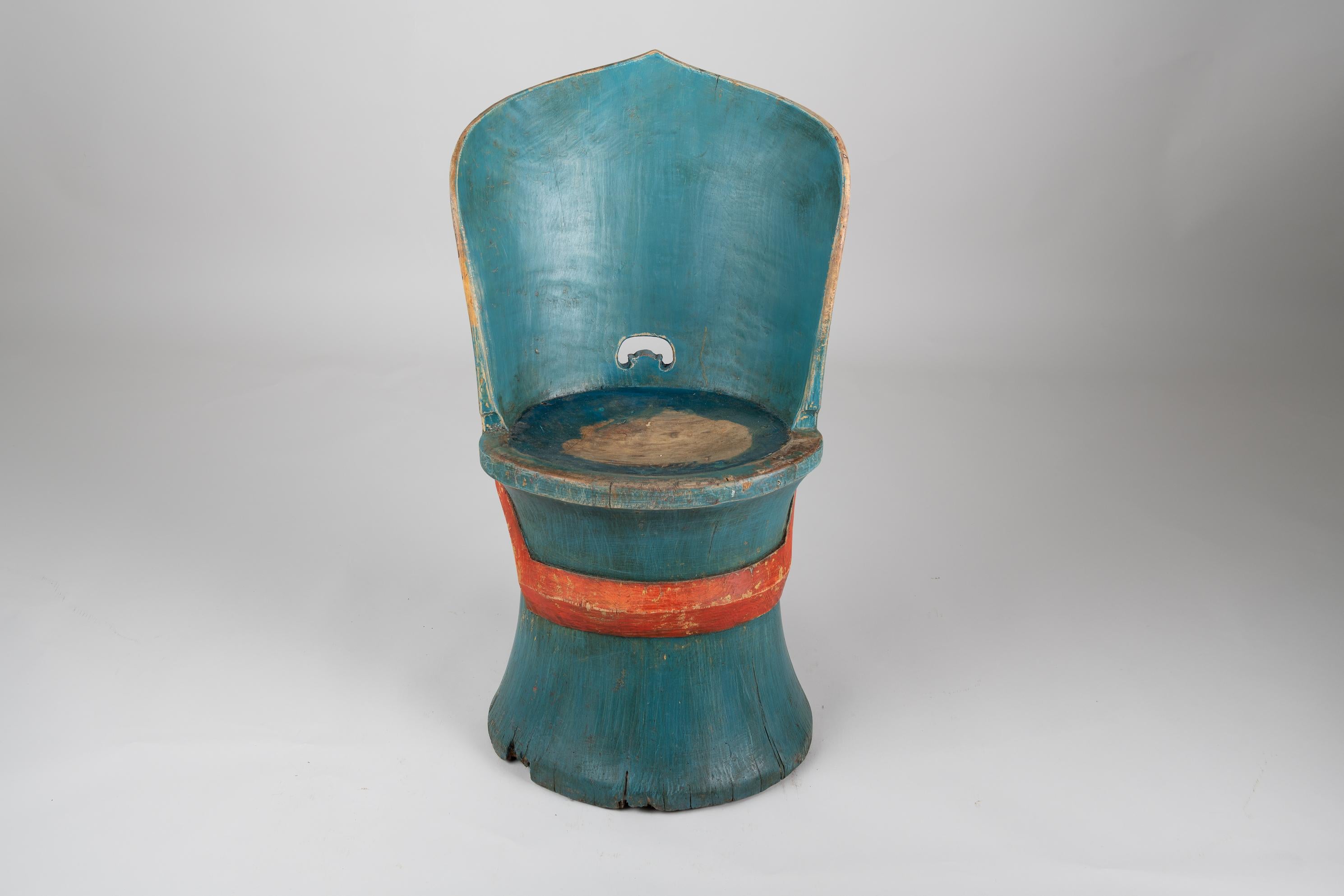 Swedish Folk Art Blue and Orange Kubbstol Chair 2