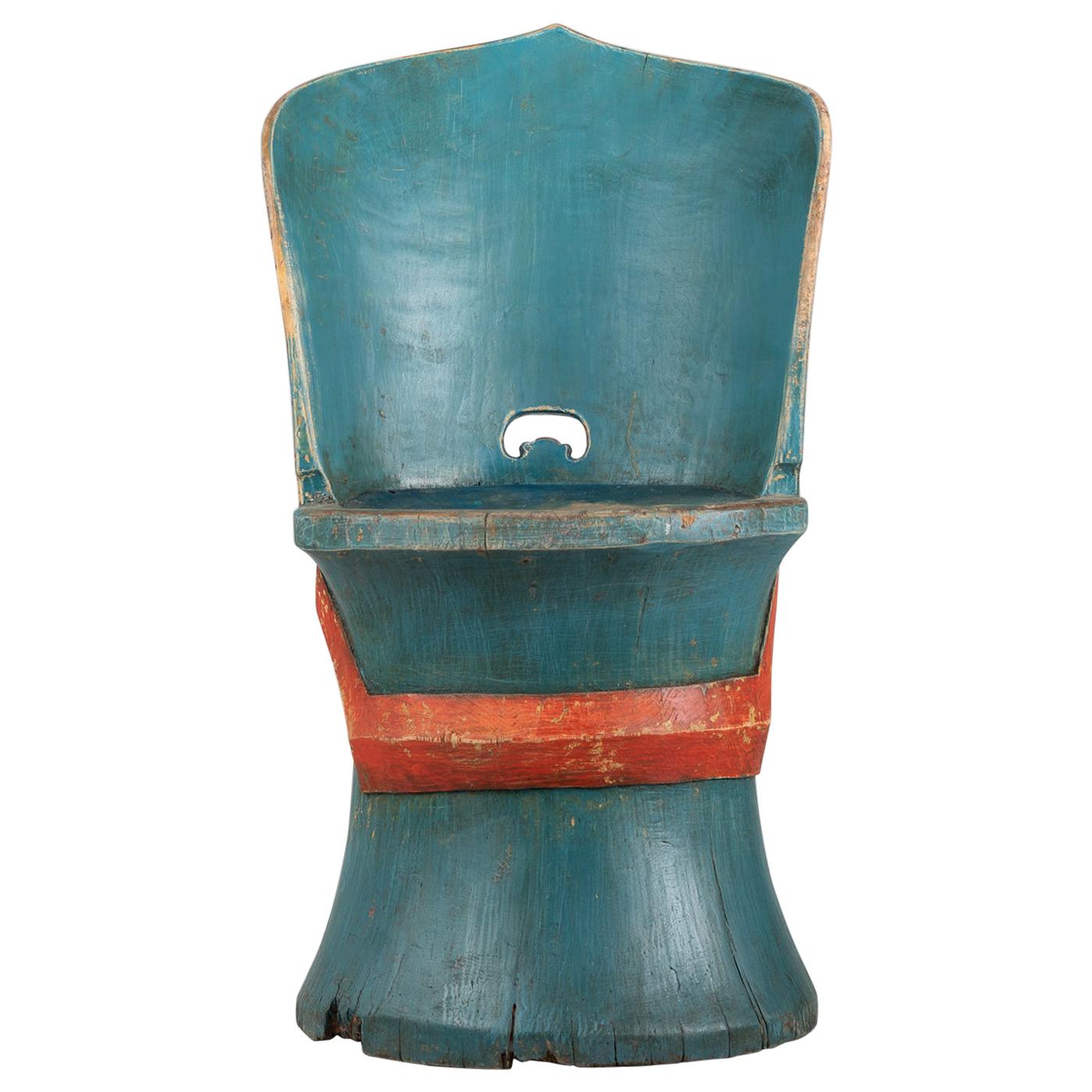 Swedish Folk Art Blue and Orange Kubbstol Chair