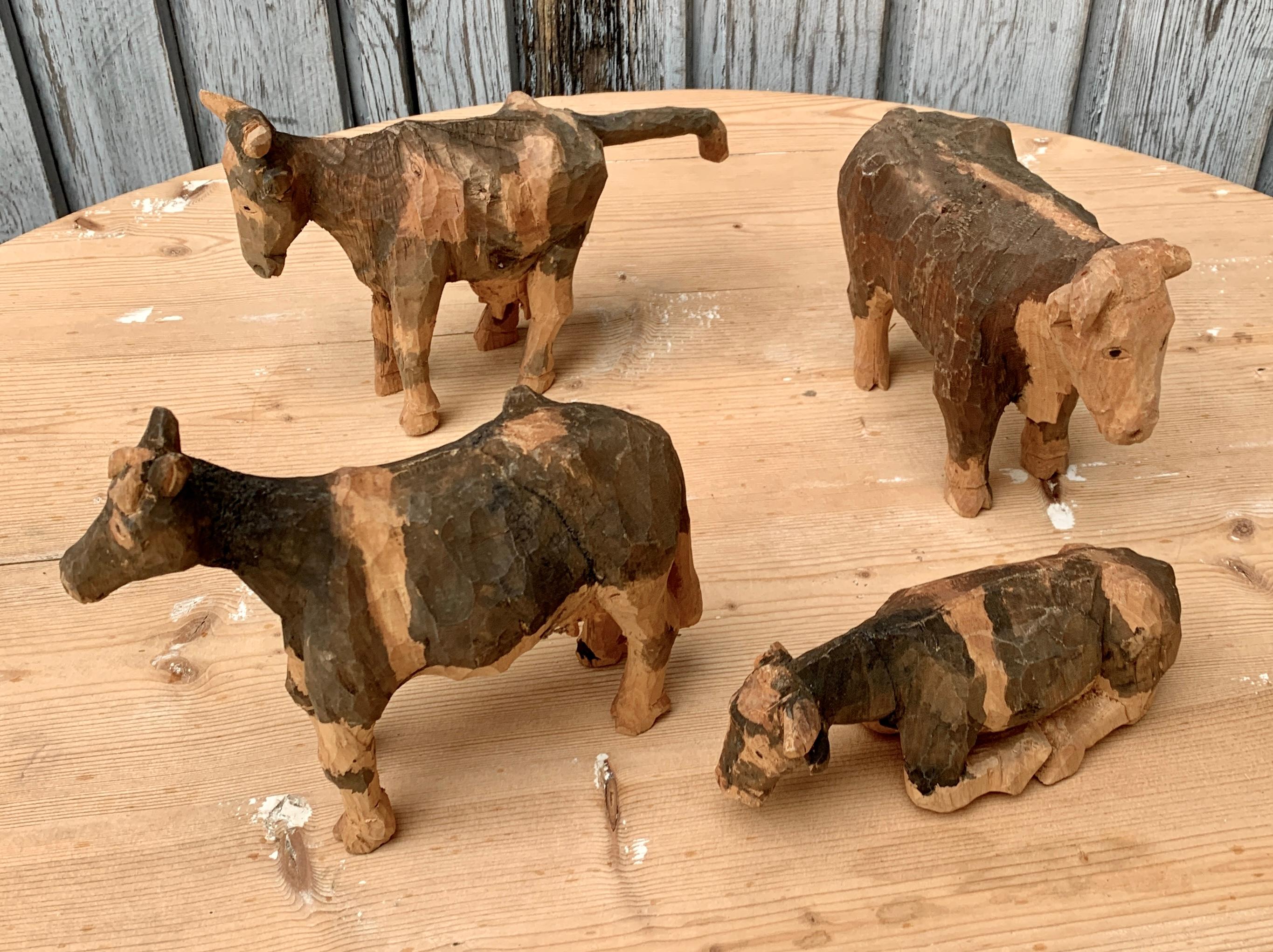 Hand-Carved Swedish Folk Art Centerpiece Sculpture of 3 Cows and a Bull For Sale