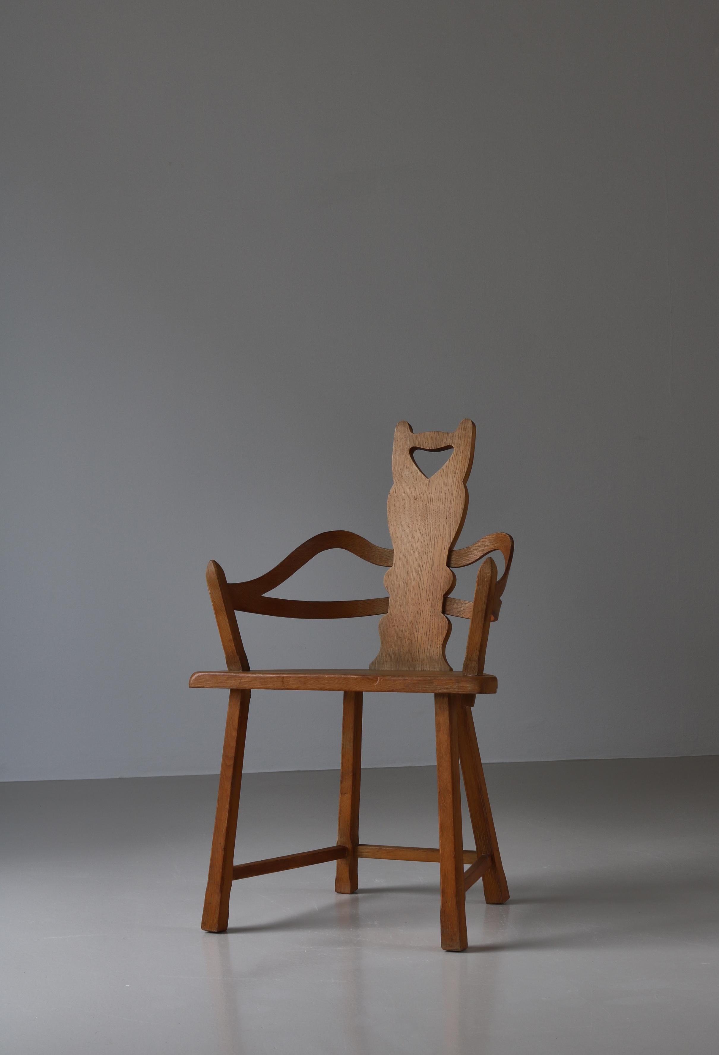 Early 20th Century Swedish Folk Art Chair Handmade in Oakwood, 1900s For Sale