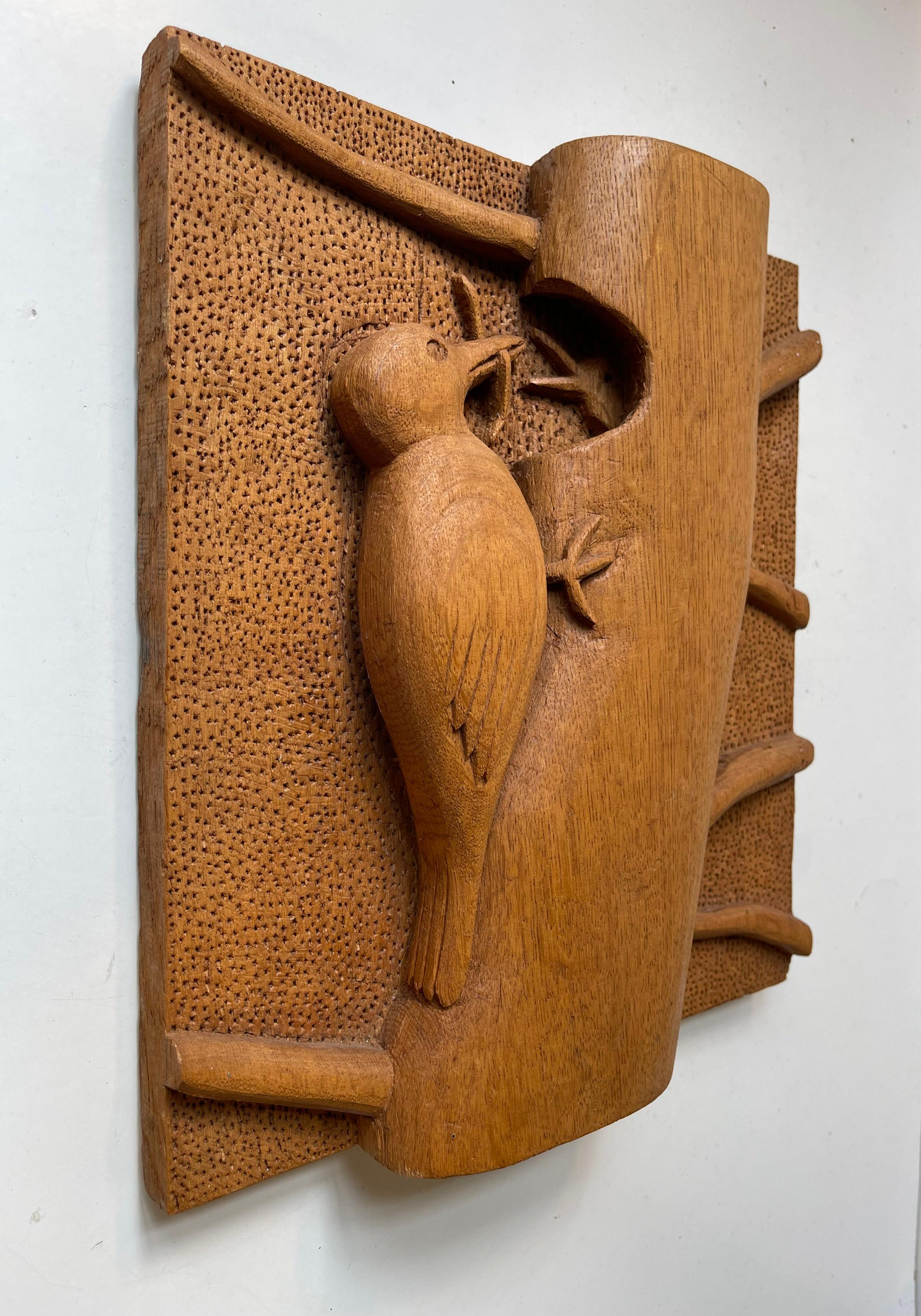 Hand-Carved Swedish Folk Art Cherry Woodcarving of Bird Feeding Chick in Tree Trunk