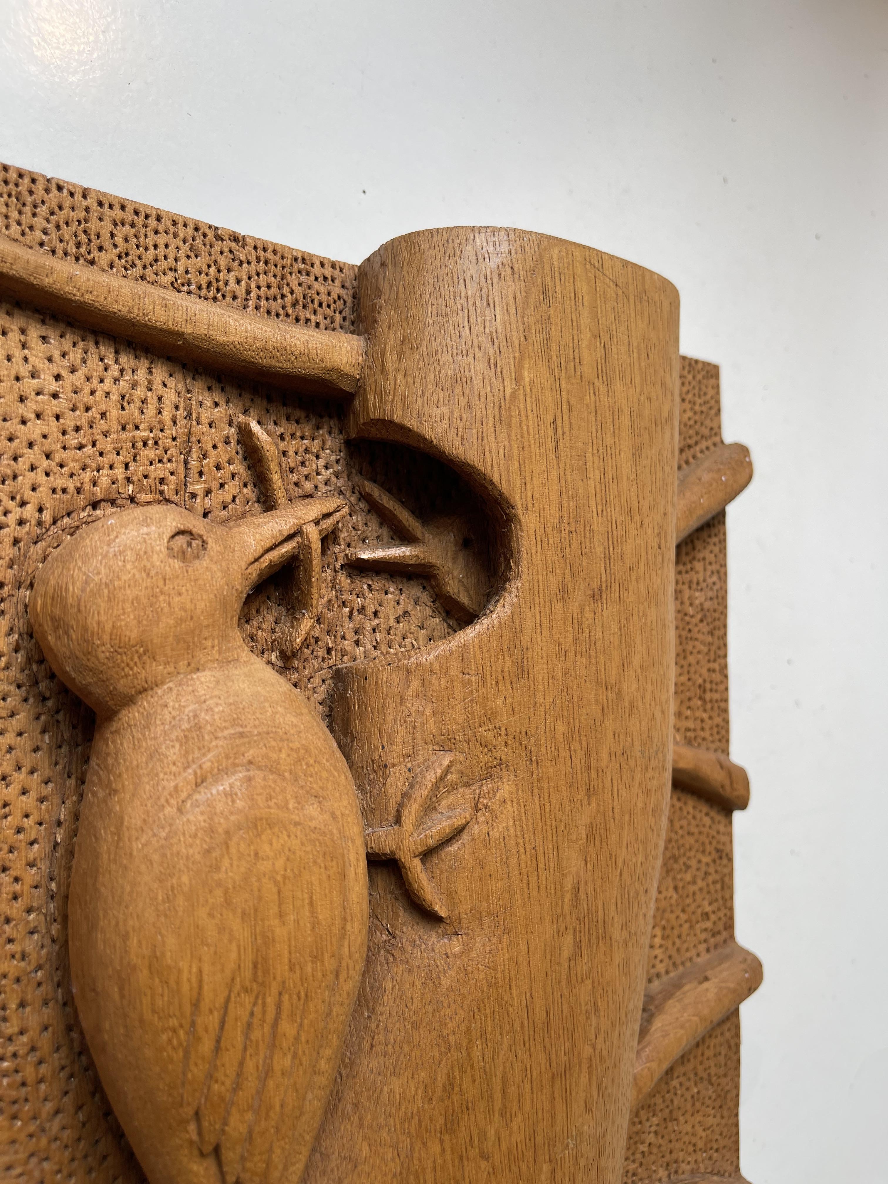 Swedish Folk Art Cherry Woodcarving of Bird Feeding Chick in Tree Trunk In Good Condition In Esbjerg, DK