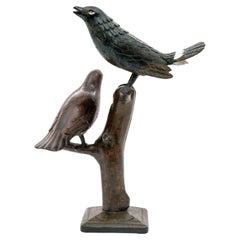 Swedish Folk Art Hand-Carved and Painted Wooden Birds on Tree Branch