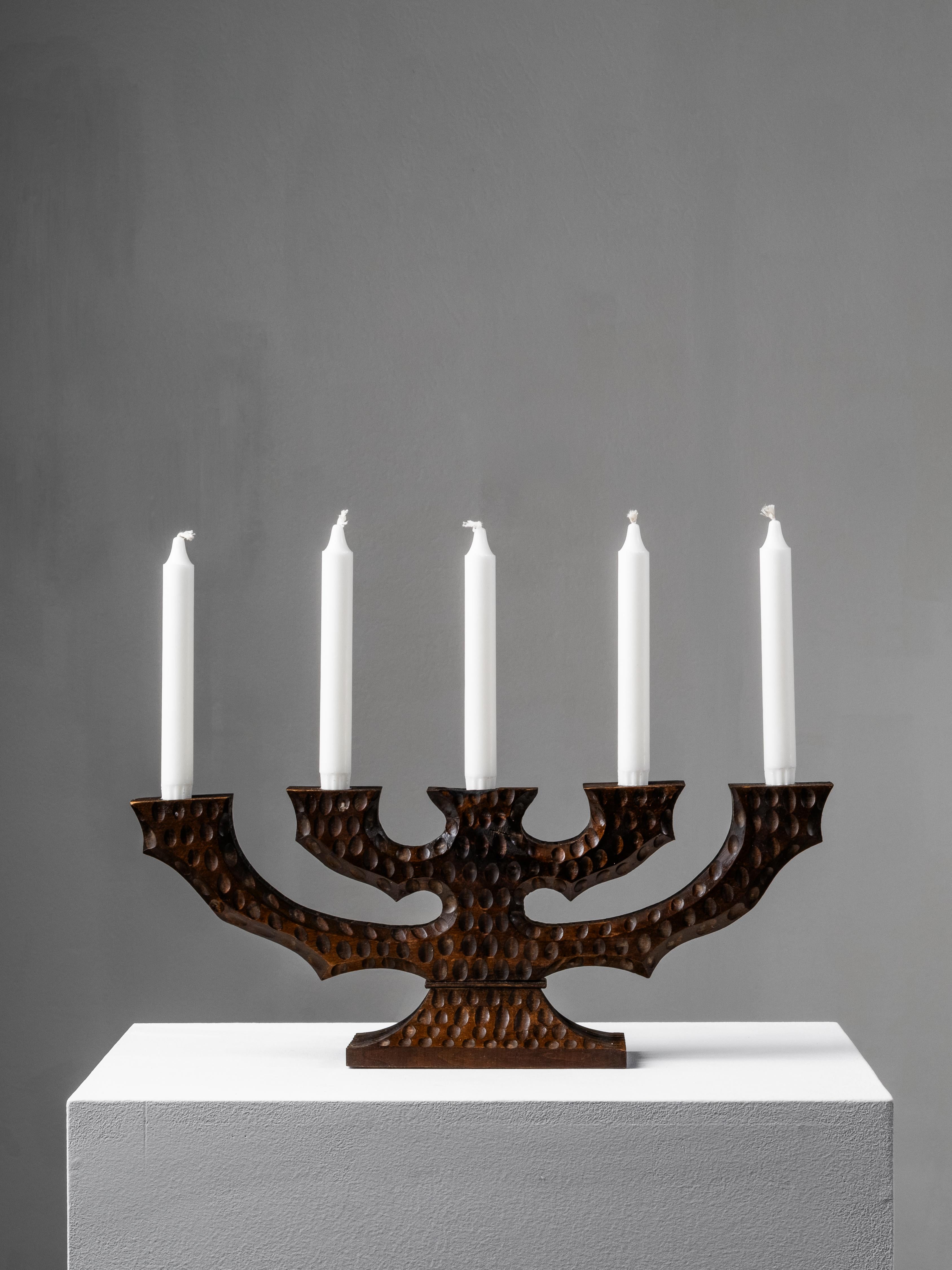 Swedish Folk Art Hand-Carved Wooden Candelabra, 1940s For Sale 5