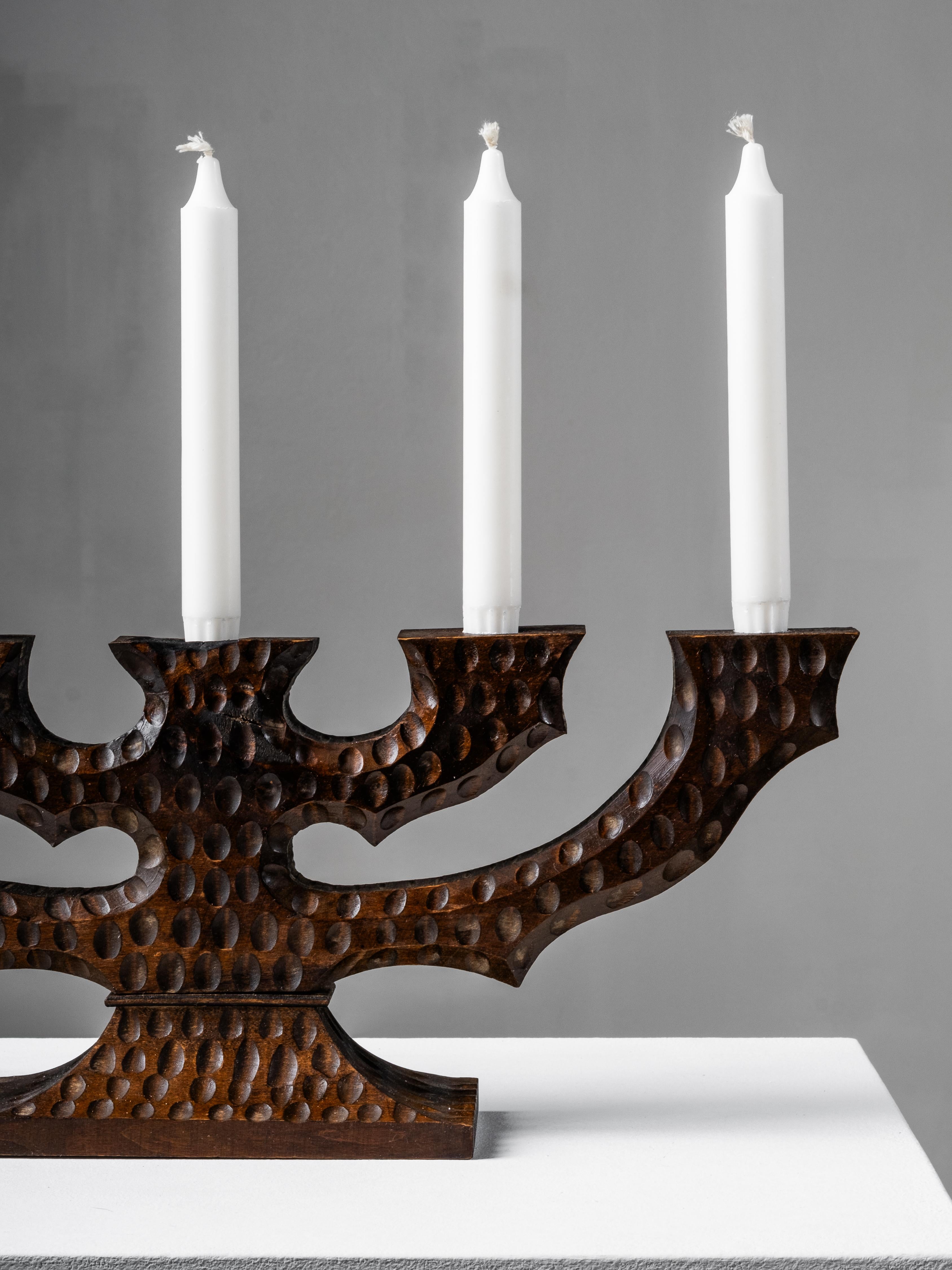 Swedish Folk Art Hand-Carved Wooden Candelabra, 1940s For Sale 6