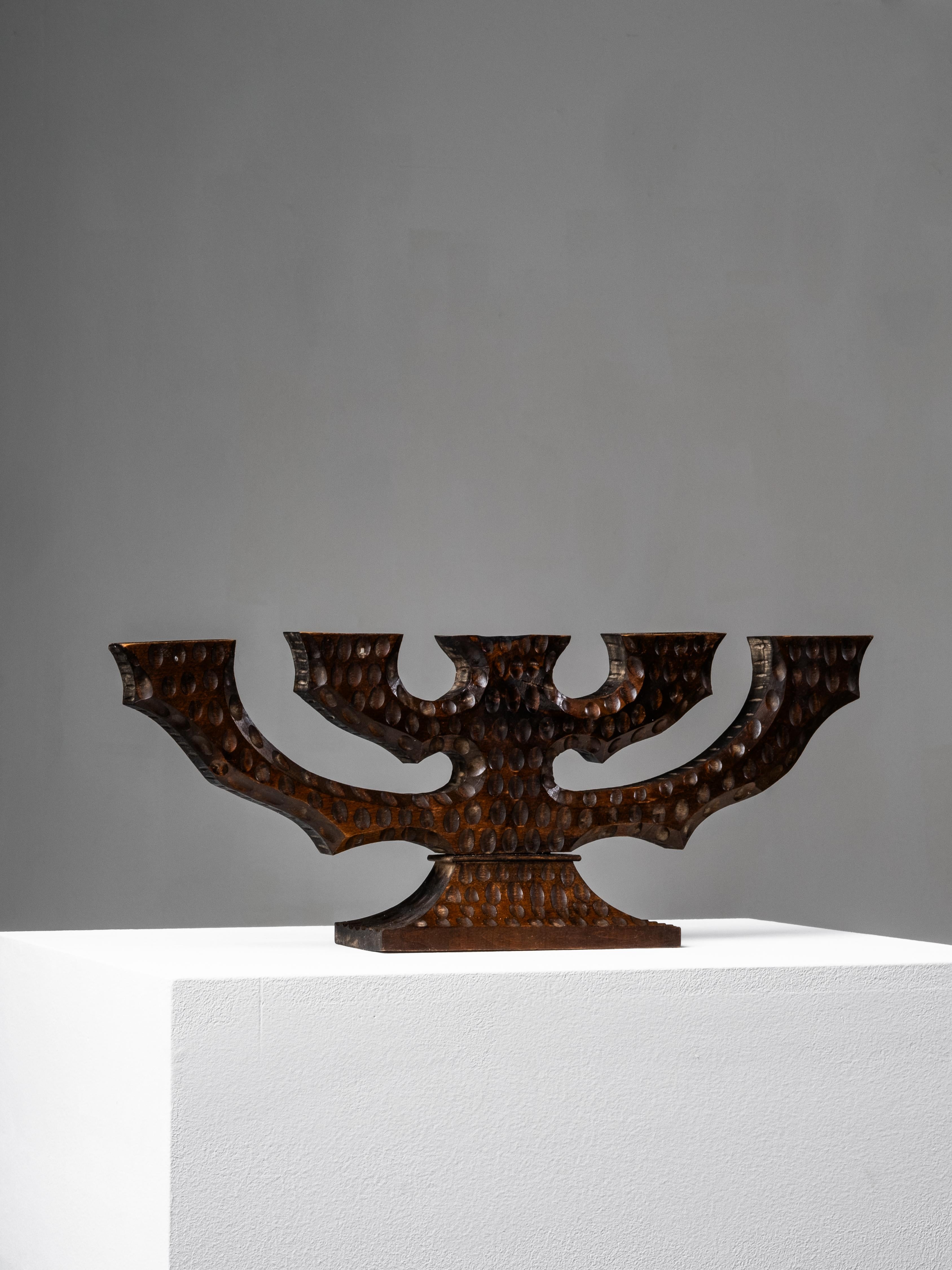 Stained Swedish Folk Art Hand-Carved Wooden Candelabra, 1940s For Sale