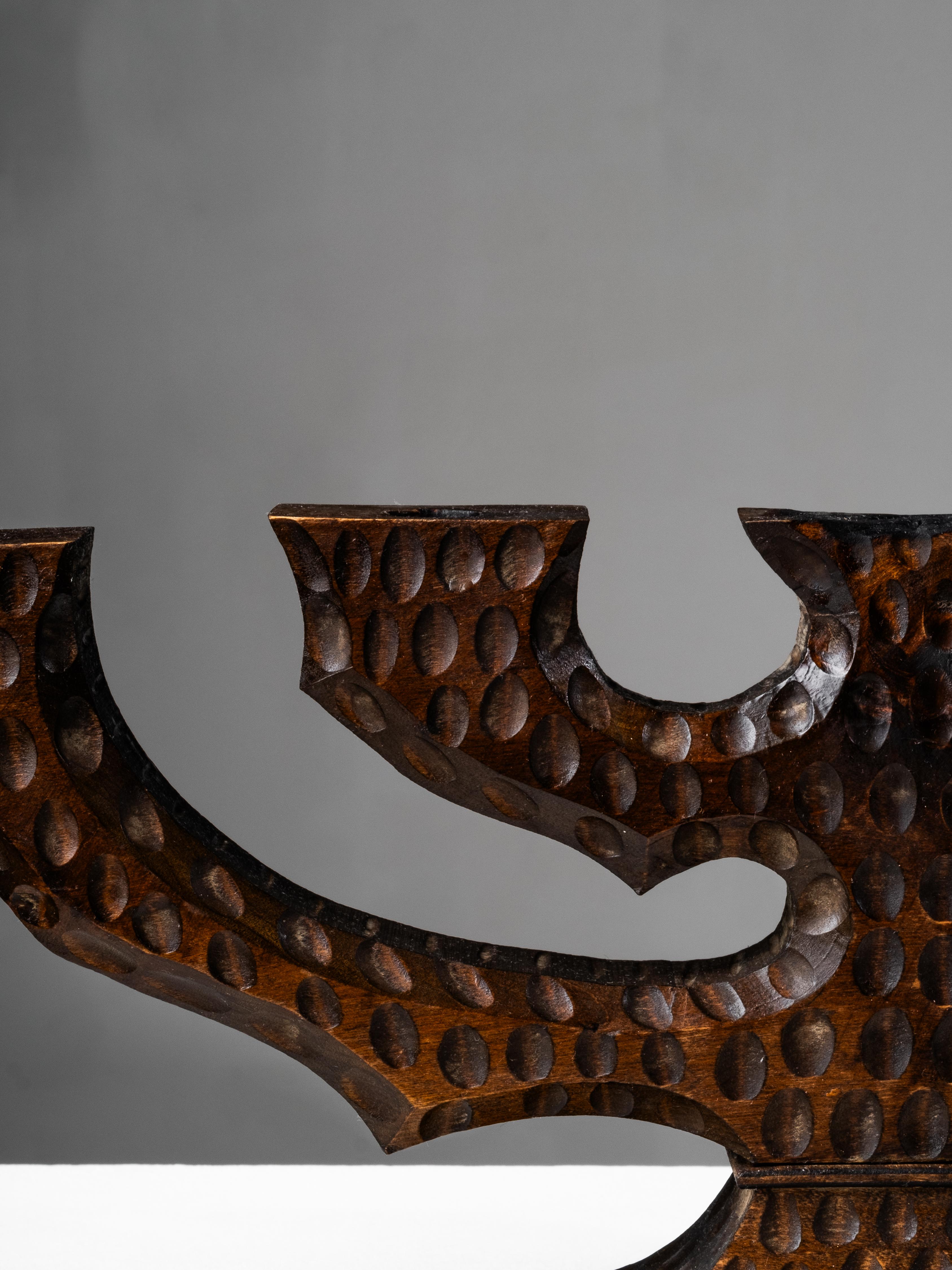 Mid-20th Century Swedish Folk Art Hand-Carved Wooden Candelabra, 1940s For Sale