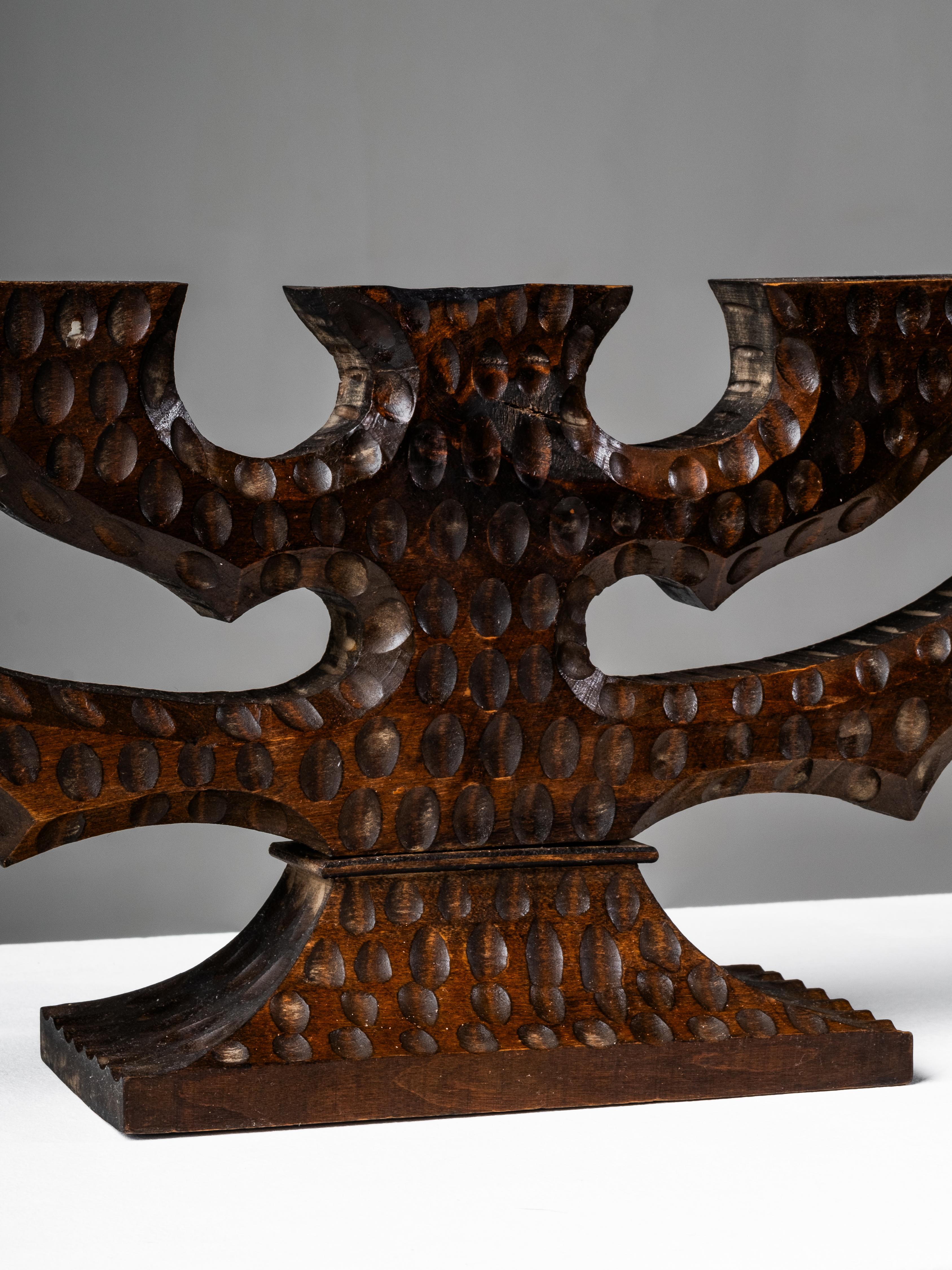 Swedish Folk Art Hand-Carved Wooden Candelabra, 1940s For Sale 1