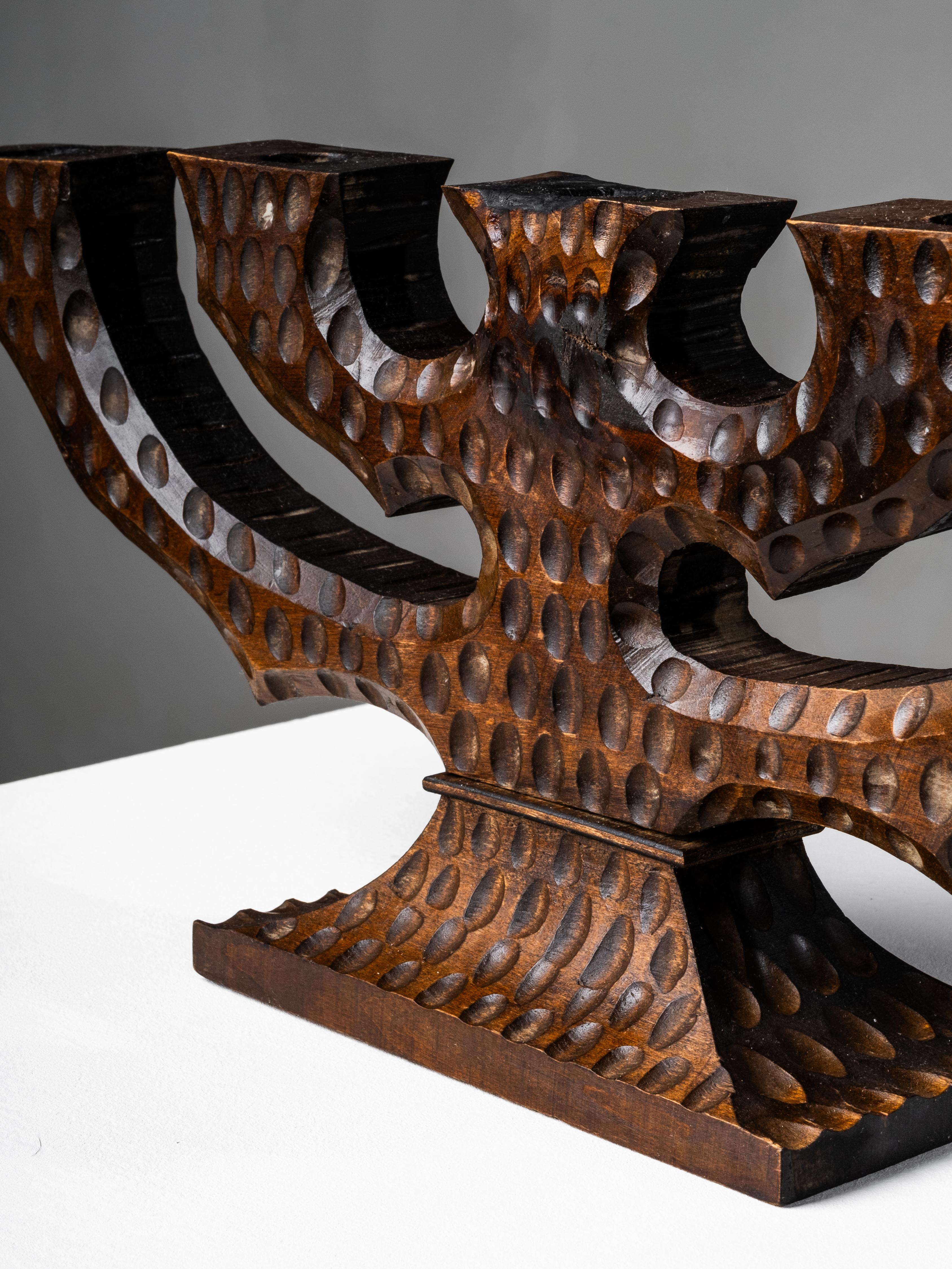 Swedish Folk Art Hand-Carved Wooden Candelabra, 1940s For Sale 2