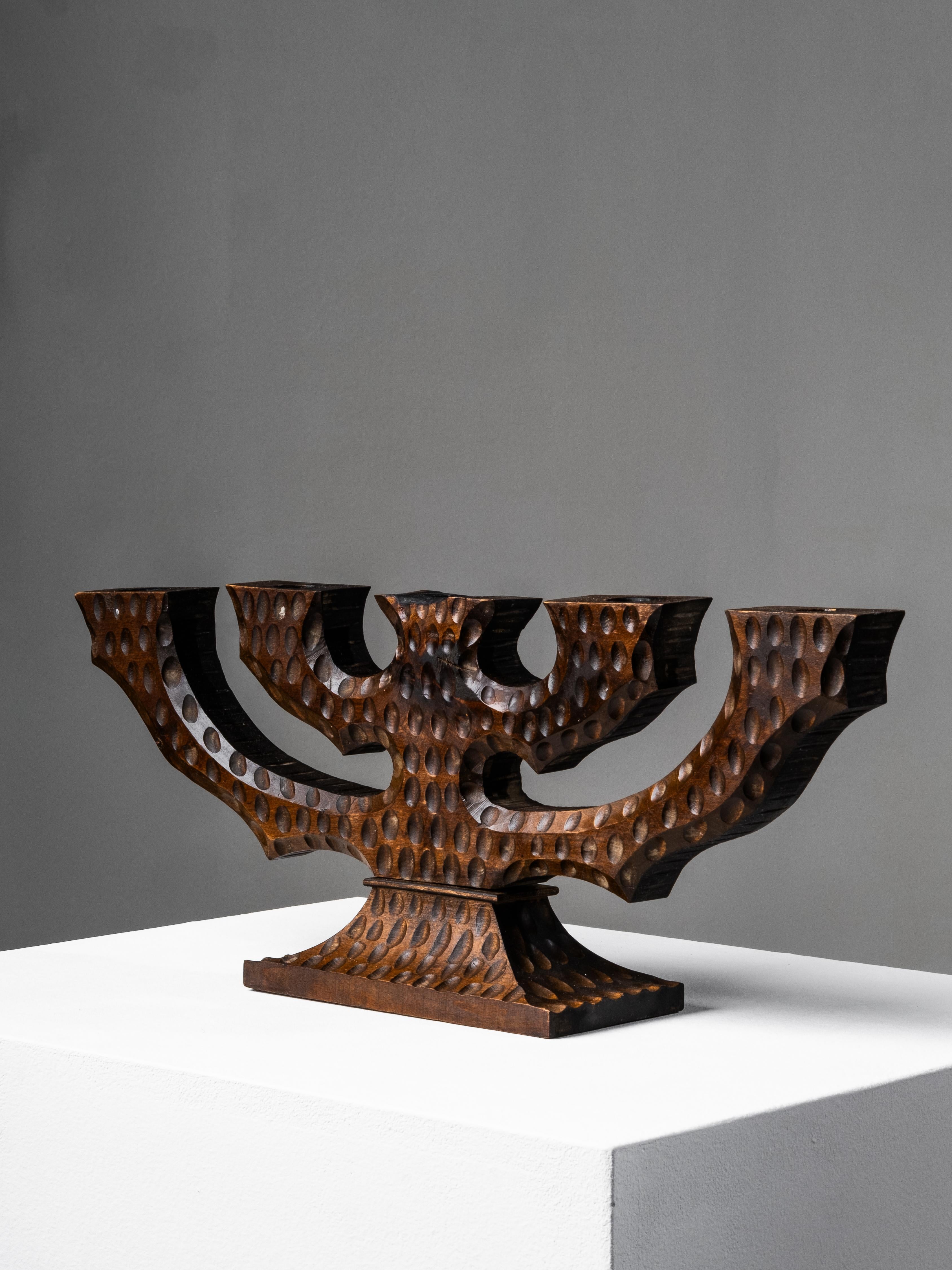 Swedish Folk Art Hand-Carved Wooden Candelabra, 1940s For Sale 3