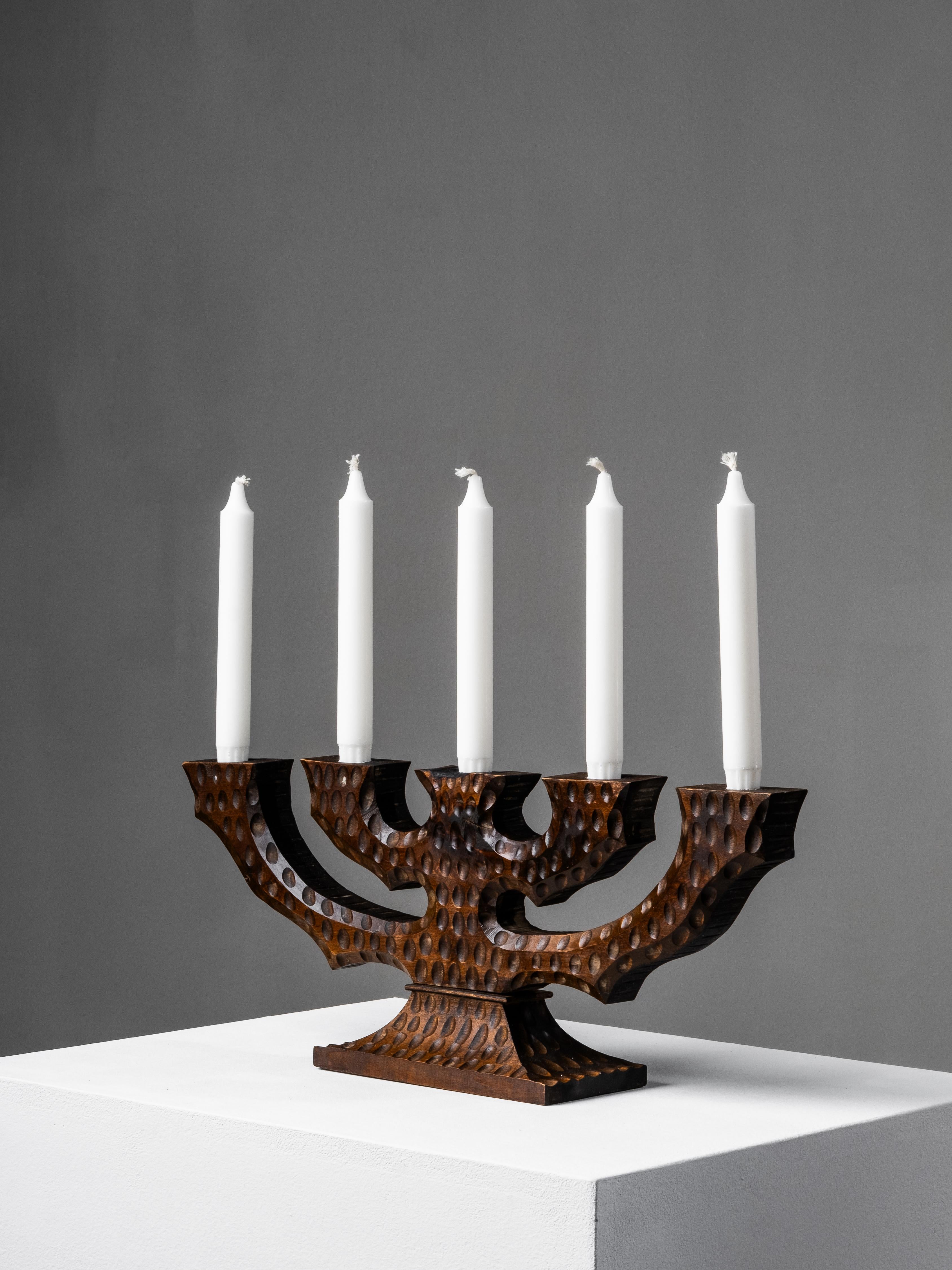 Swedish Folk Art Hand-Carved Wooden Candelabra, 1940s For Sale 4