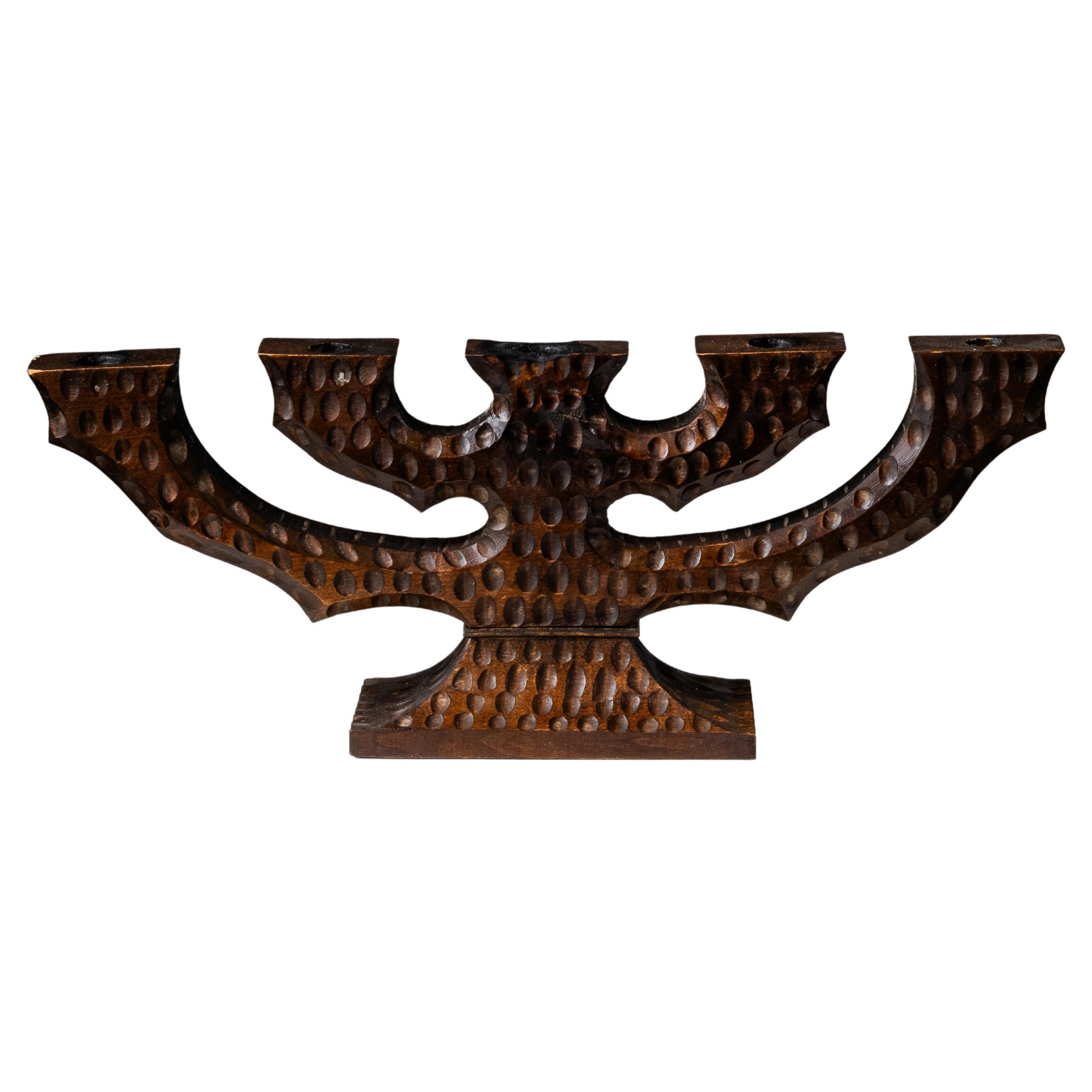 Swedish Folk Art Hand-Carved Wooden Candelabra, 1940s For Sale