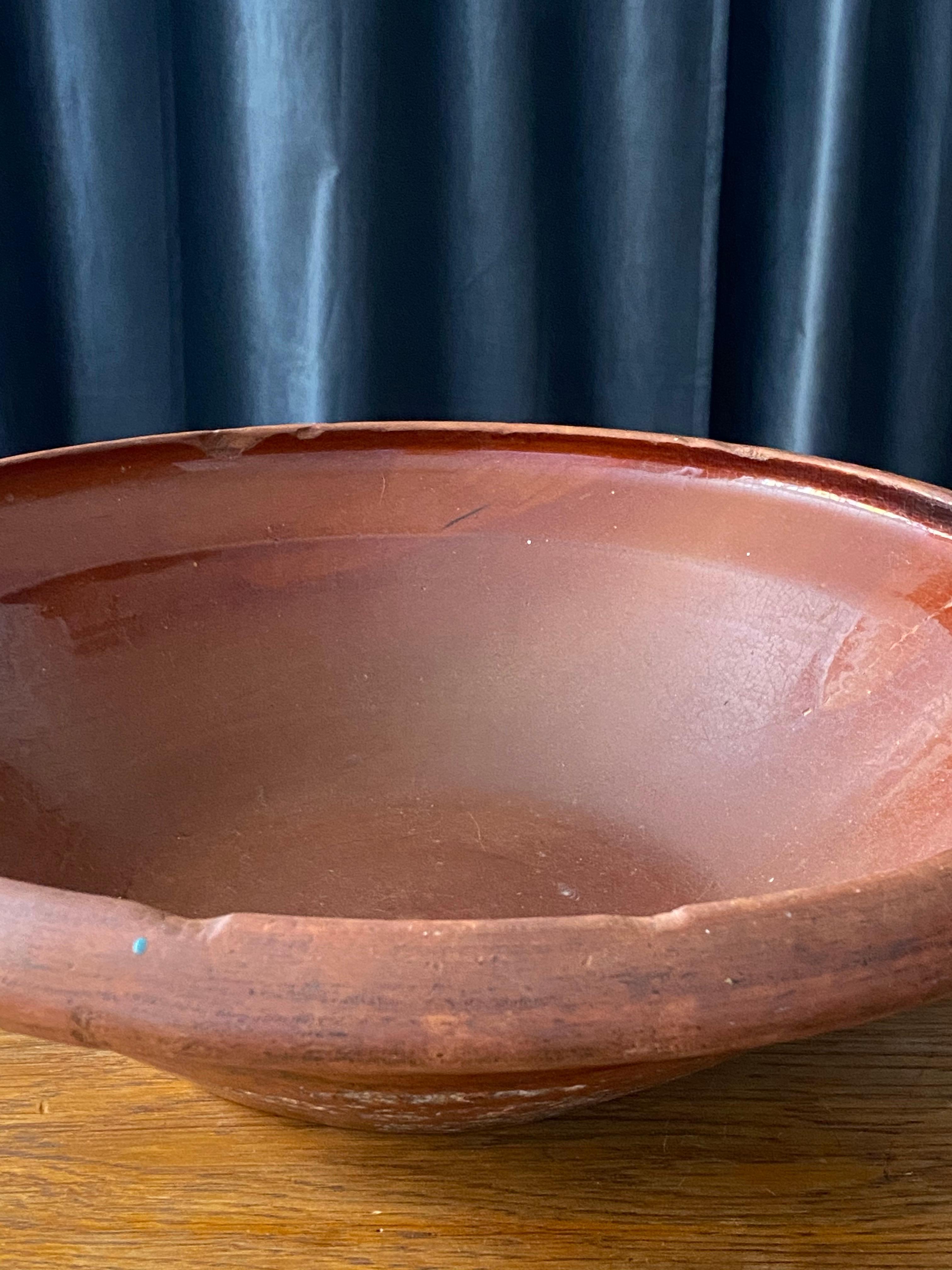 Ceramic Swedish Folk Art Pottery, Unique Large 19th Century Pottery Farmers Bowl