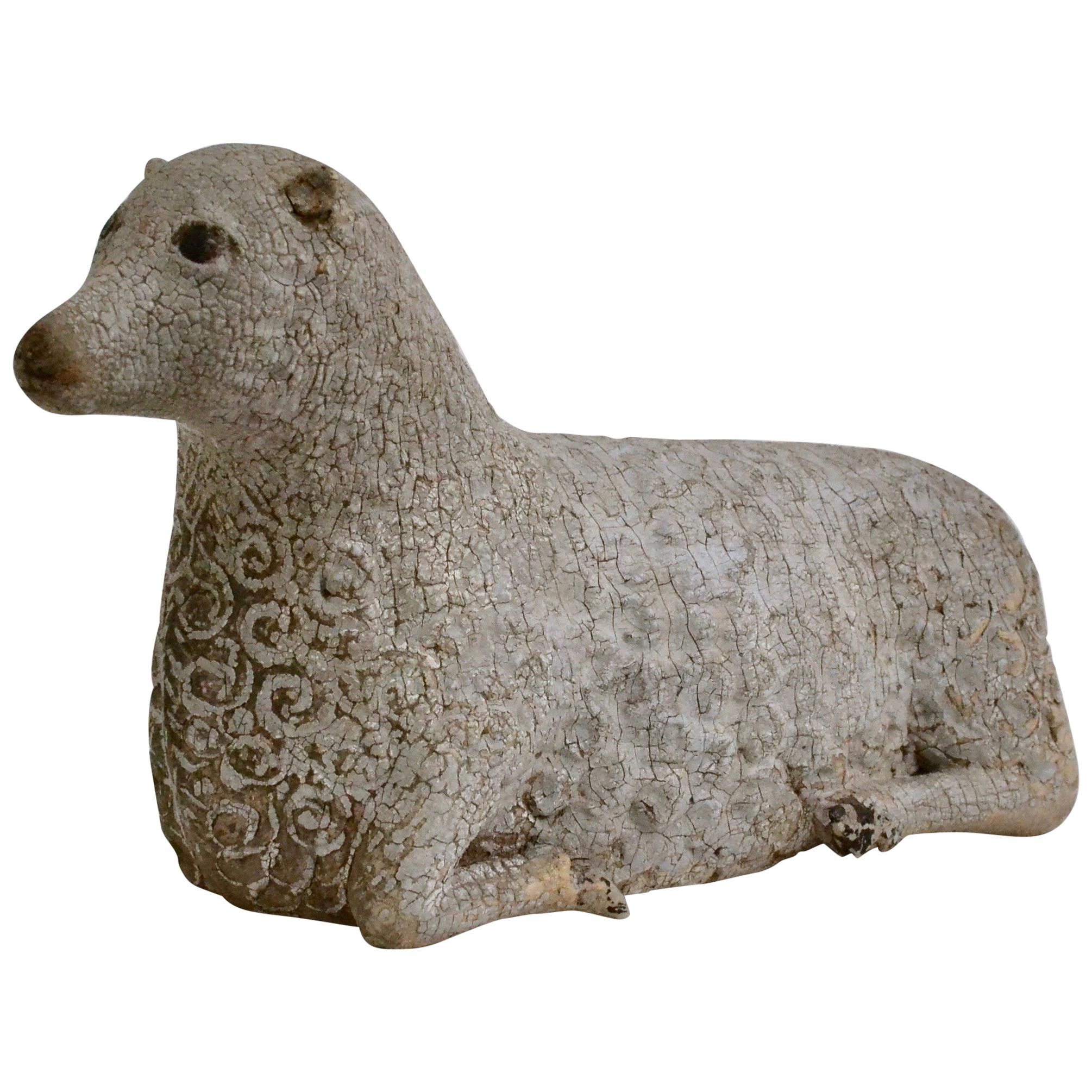 Swedish Folk Art Sculpture of a Wood Carved and Painted Sheep