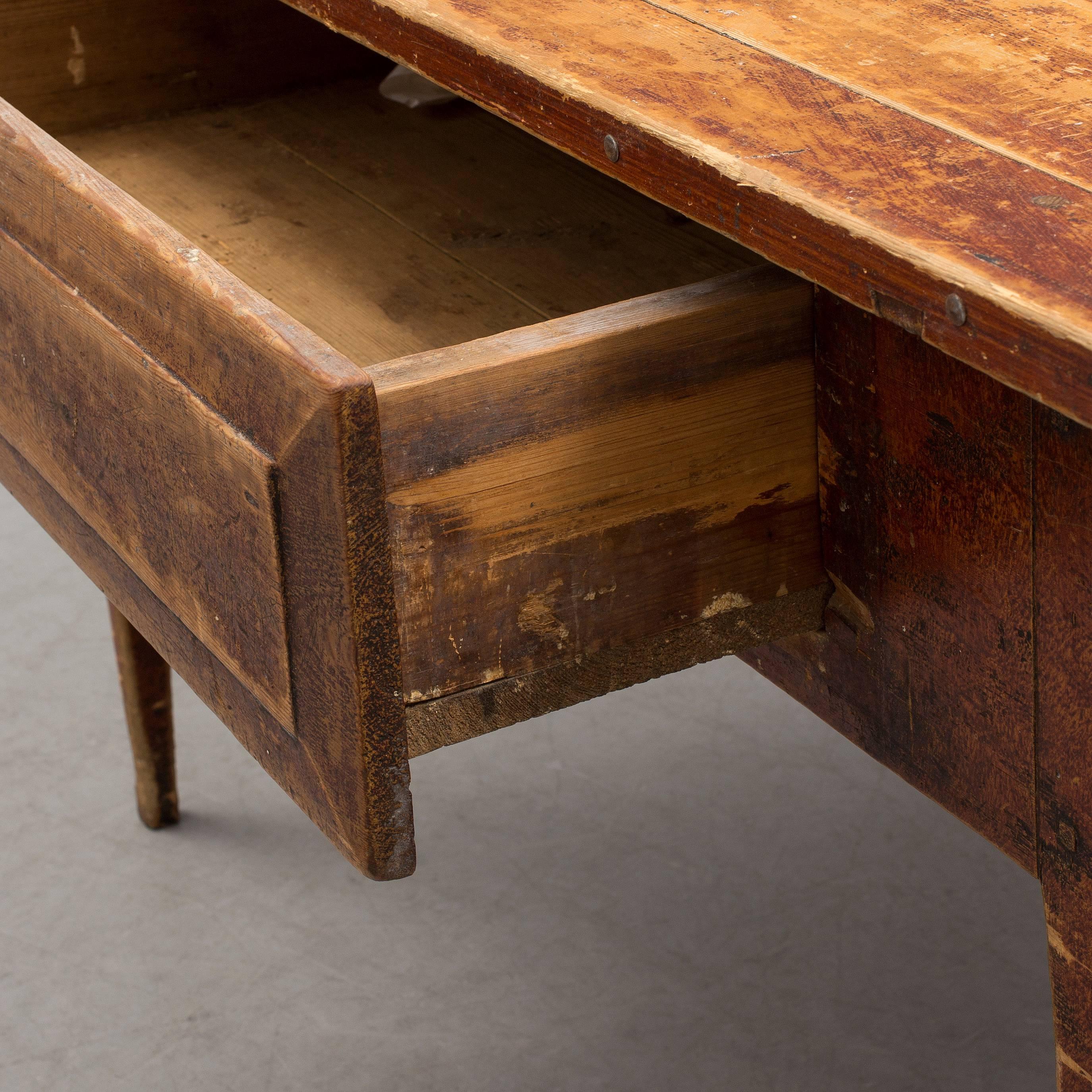 Swedish Folk Art table with large drawer and beautiful old patina, from mid-18th century.