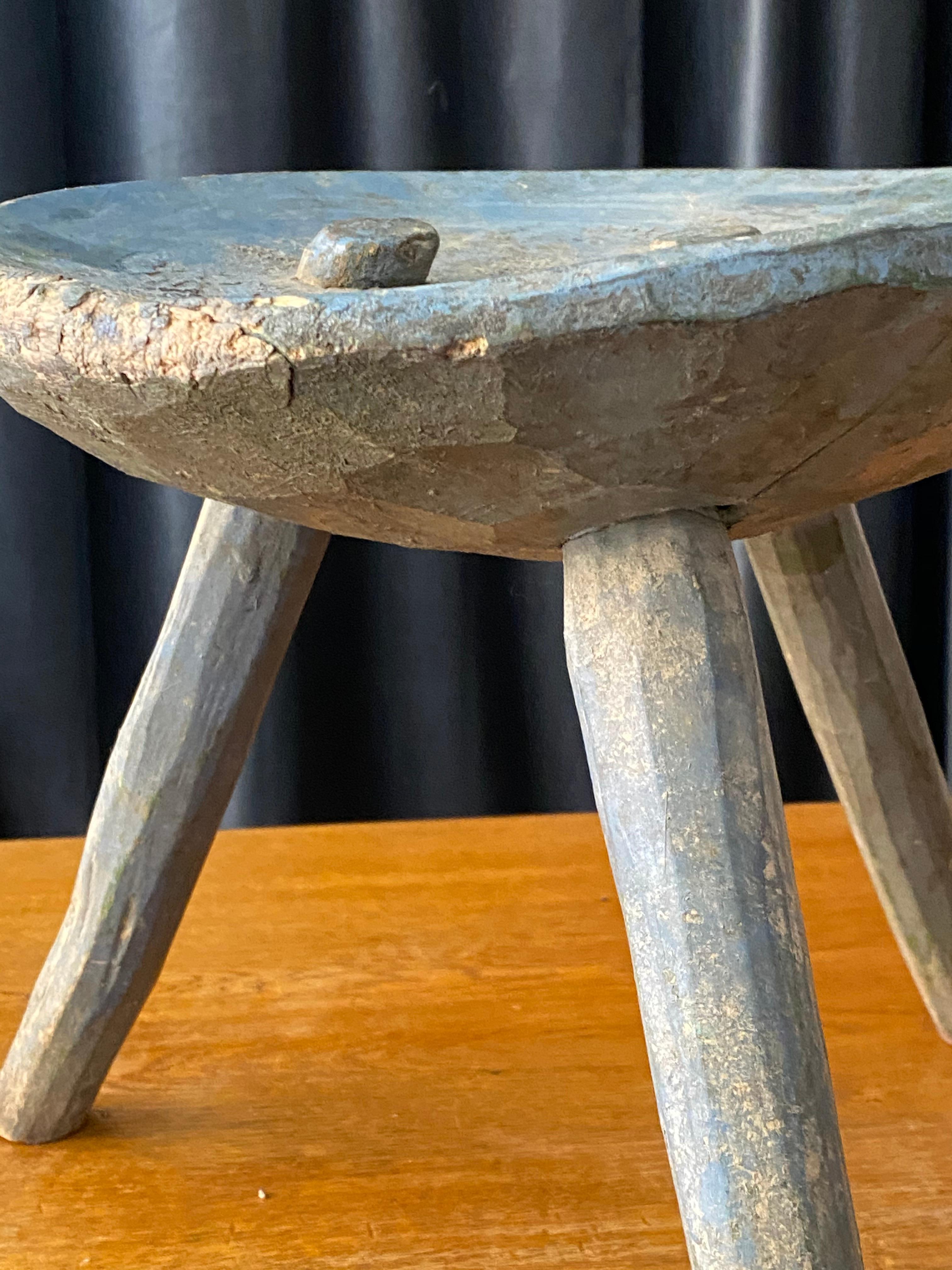 Swedish Folk Art, Unique Early 19th Century Farmers Stool, Blue-Painted Wood 9