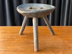 Swedish Folk Art, Unique Early 19th Century Farmers Stool, Blue-Painted Wood
