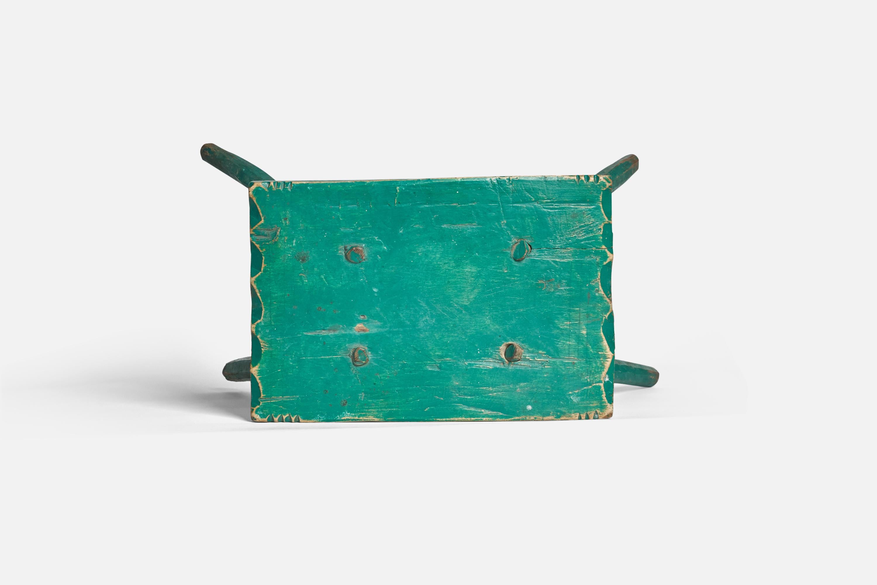 Swedish Folk Art, Farmers Stool, Green-Painted Wood, Sweden, Early 19th Century For Sale 2