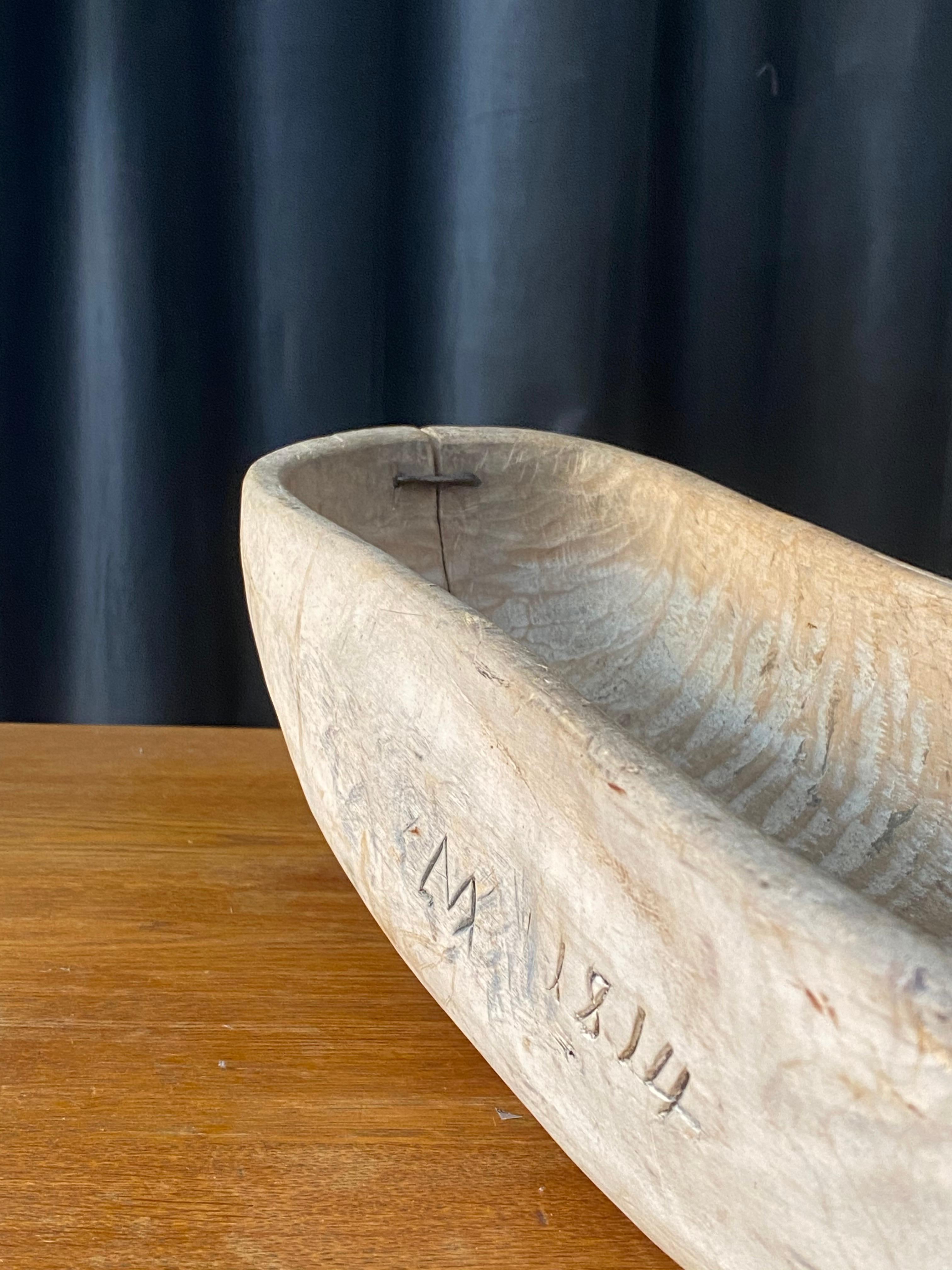 Swedish Folk Art, Unique Large 19th Century Farmers Bowl, Wood, Signed and Dated In Fair Condition In High Point, NC