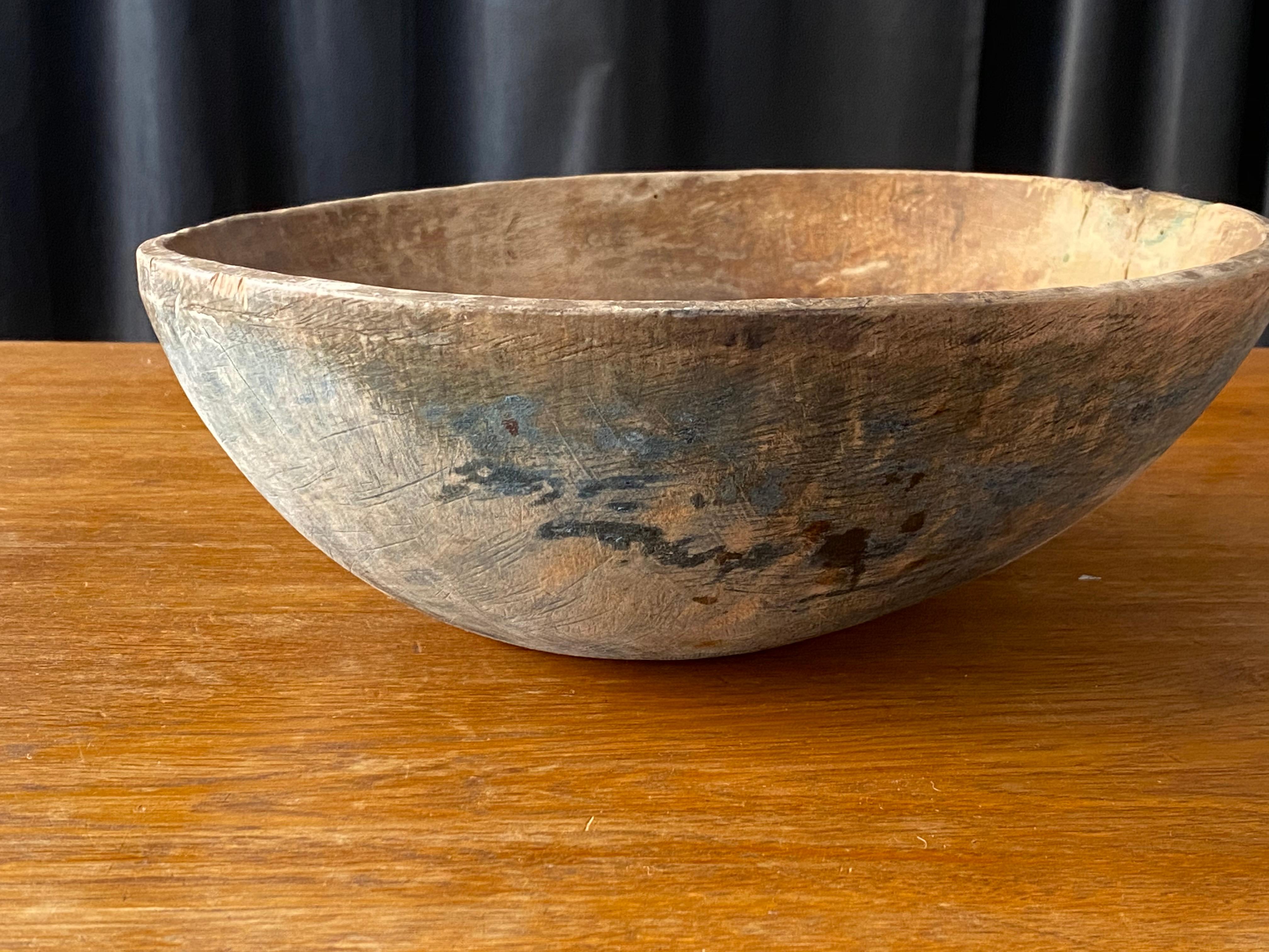 Swedish Folk Art, Unique Sizable, 18th Century Farmers Bowl, Wood, Signed In Fair Condition In High Point, NC