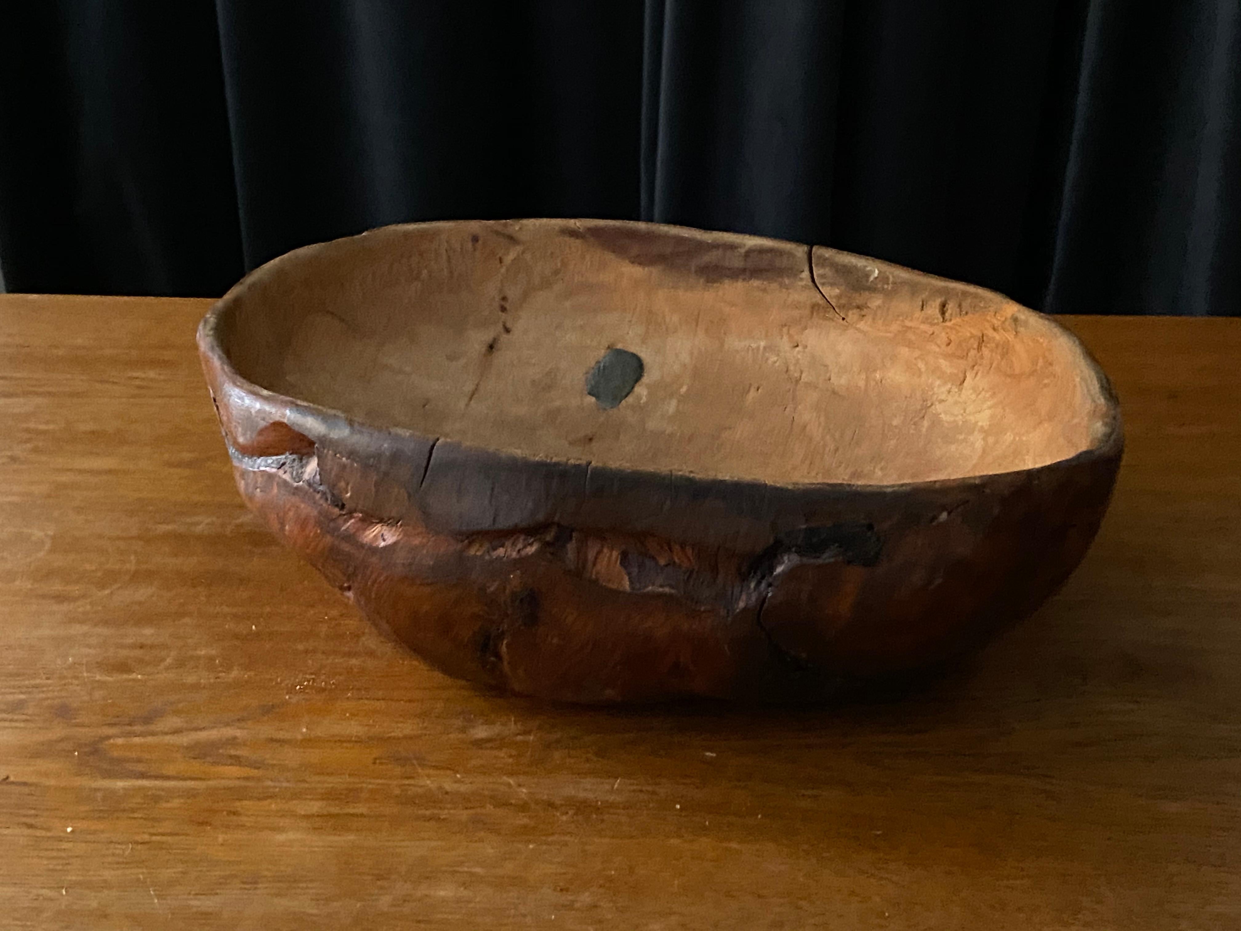 Swedish Folk Art, Unique Sizable Organic 19th Century Farmers Bowl, Wood, Signed In Fair Condition In High Point, NC