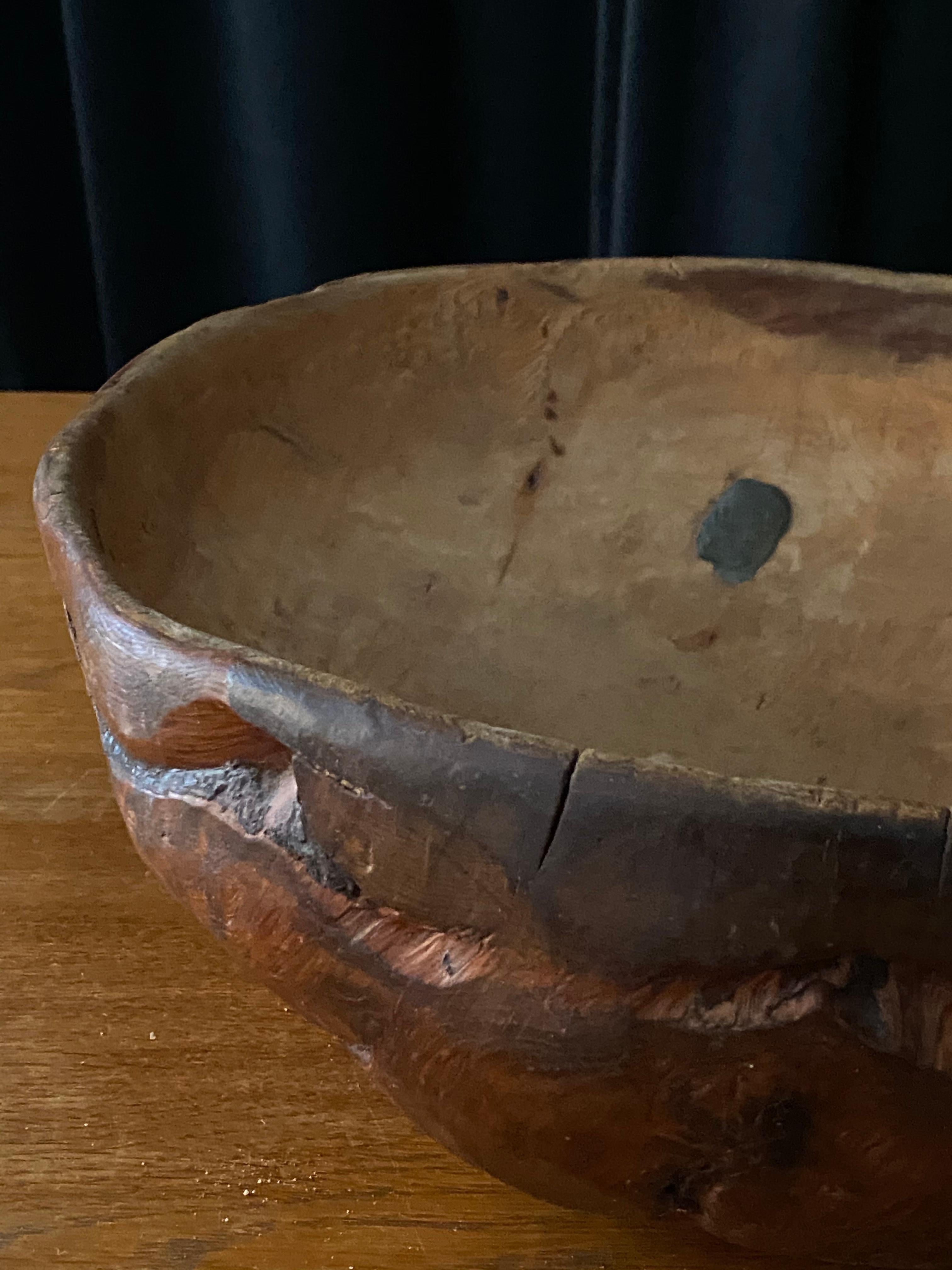 Swedish Folk Art, Unique Sizable Organic 19th Century Farmers Bowl, Wood, Signed 1