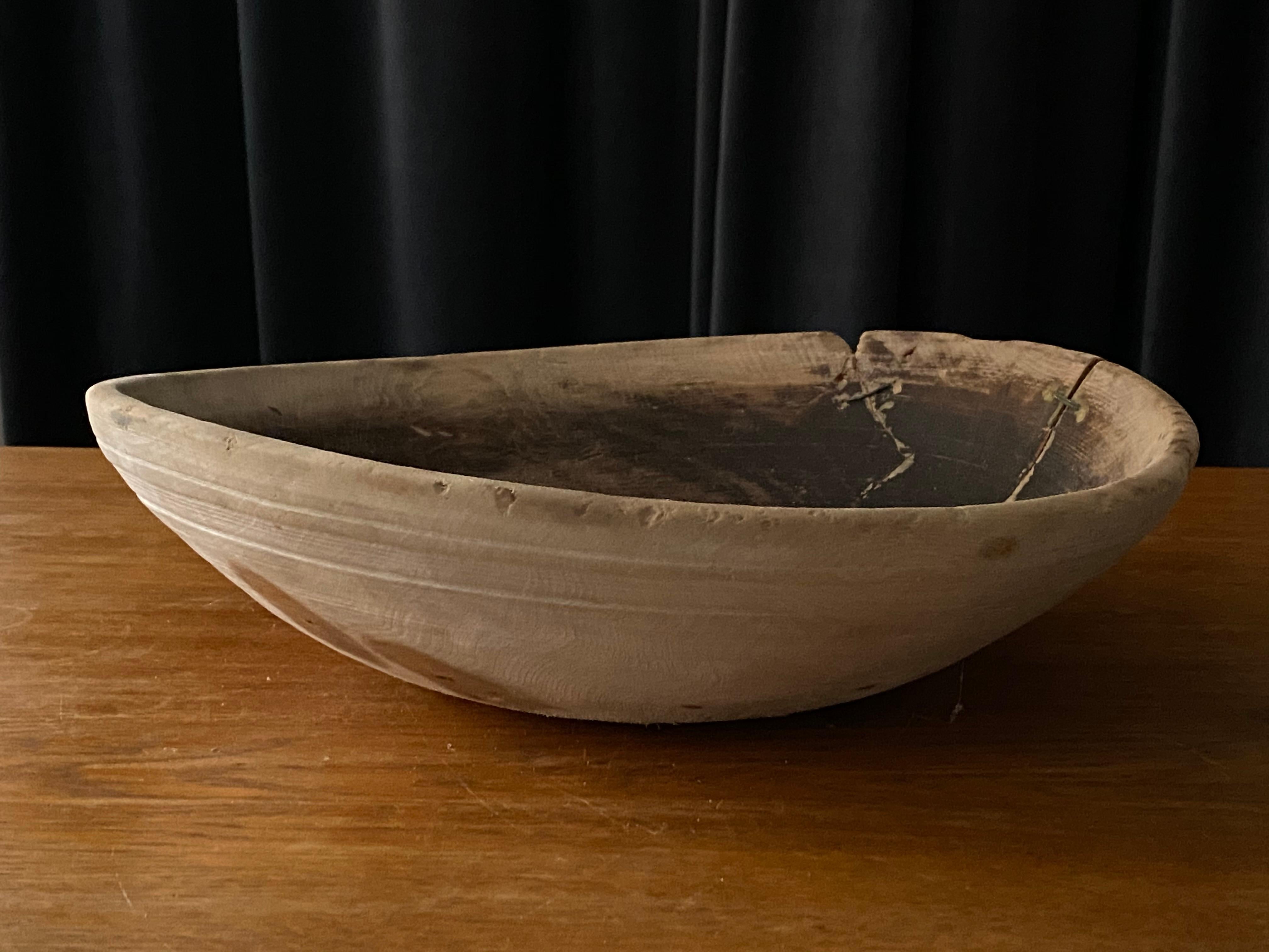 Swedish Folk Art, Unique Sizable Organic 19th Century Farmers Bowl, Wood, Signed In Fair Condition In High Point, NC