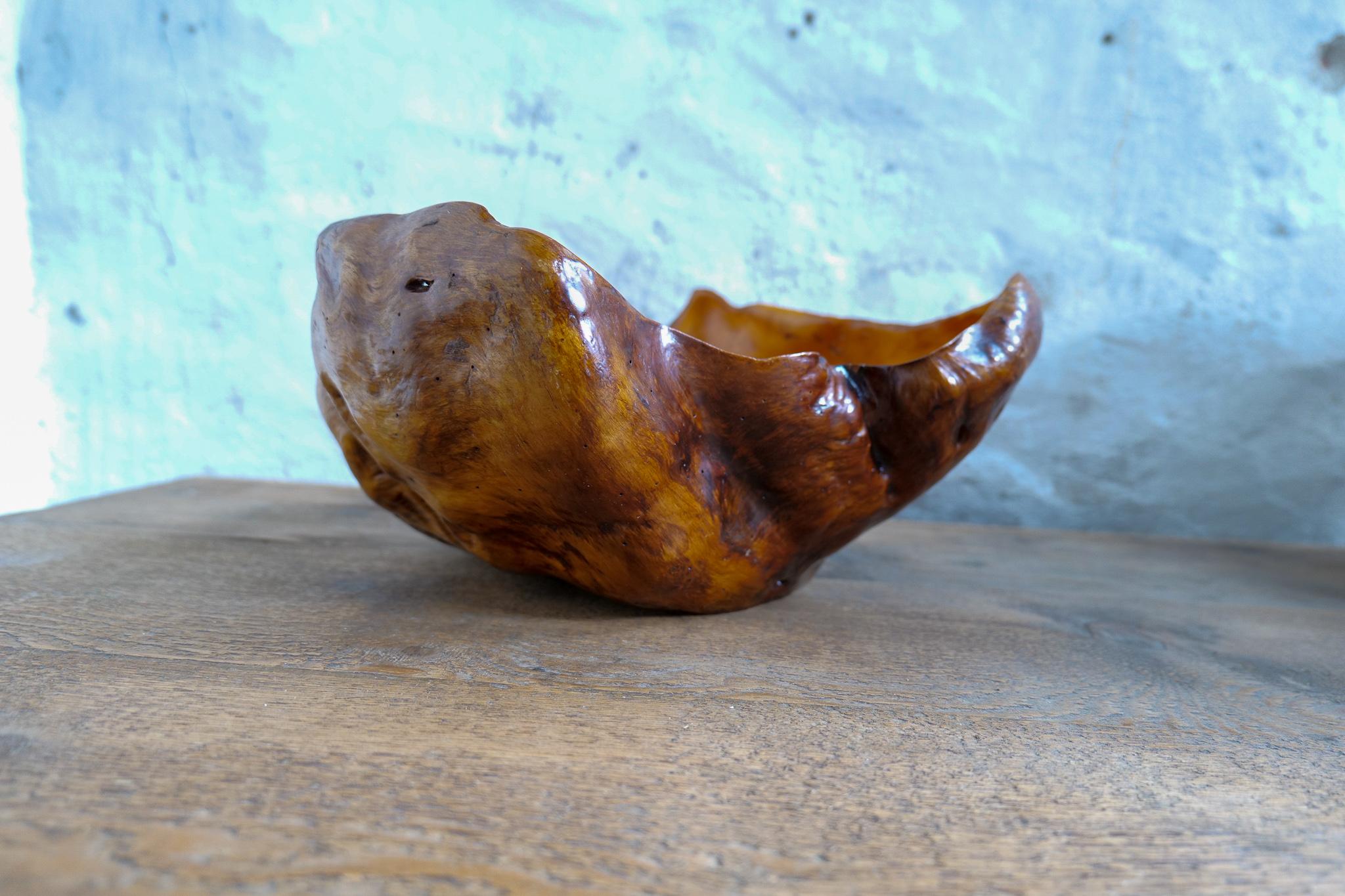 Hand-Carved Swedish Folk Art Very Large Organic Burl Curly Dark Grain Birch Bowl, circa 1960s For Sale