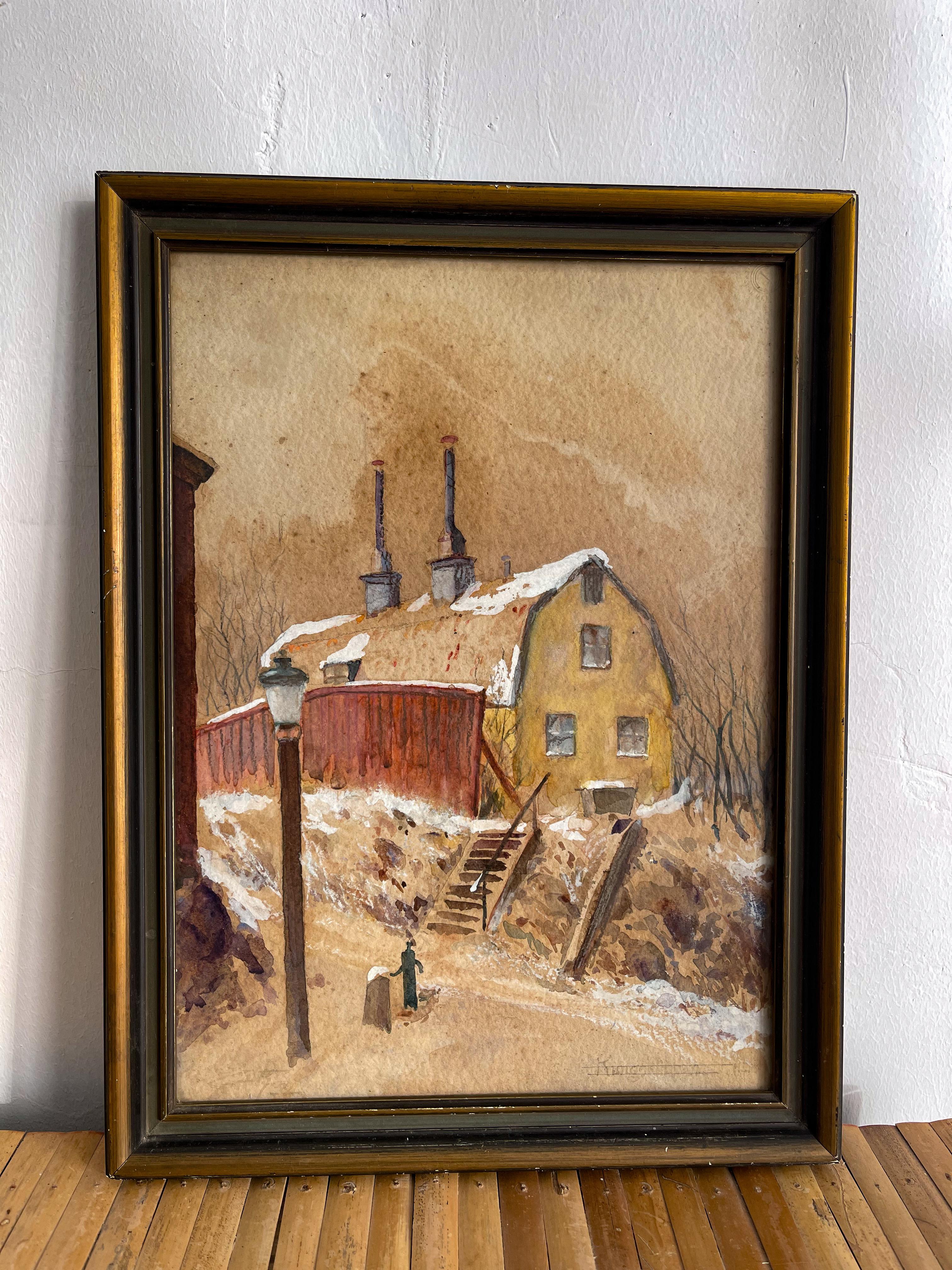 Cette aquarelle d'art populaire suédois maison de ferme située à Kingsklippan, Suède sur scène d'hiver est une œuvre d'art unique et intemporelle. Réalisée dans un ton brun vieilli, la peinture présente une étonnante finition texturée. Les détails