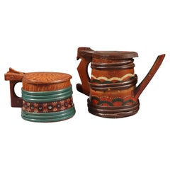 Swedish Folk Art Wooden Lidded Tankards, Early 1920s