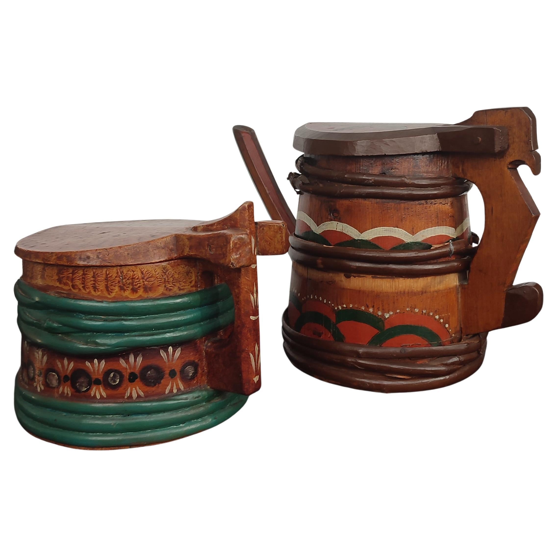 Swedish Folk Art Wooden Lidded Tankards, Early 1920s