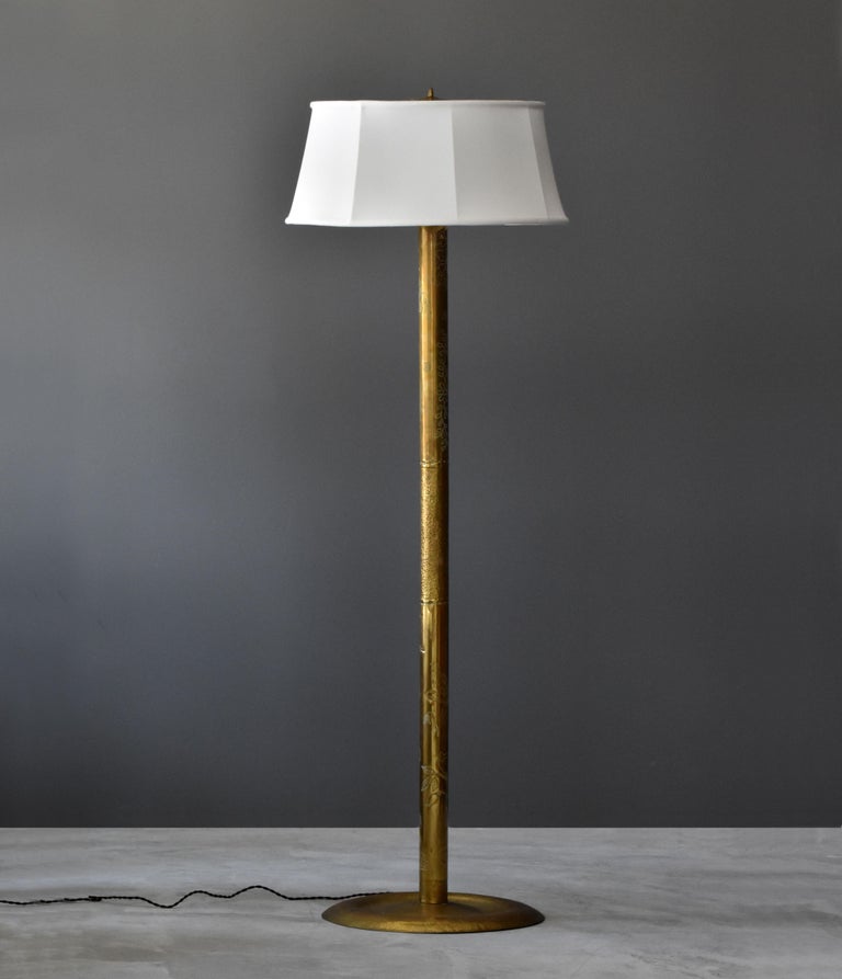Swedish Folk Craft Large Modernist Floor Lamp Repoussé Brass Sweden 1925