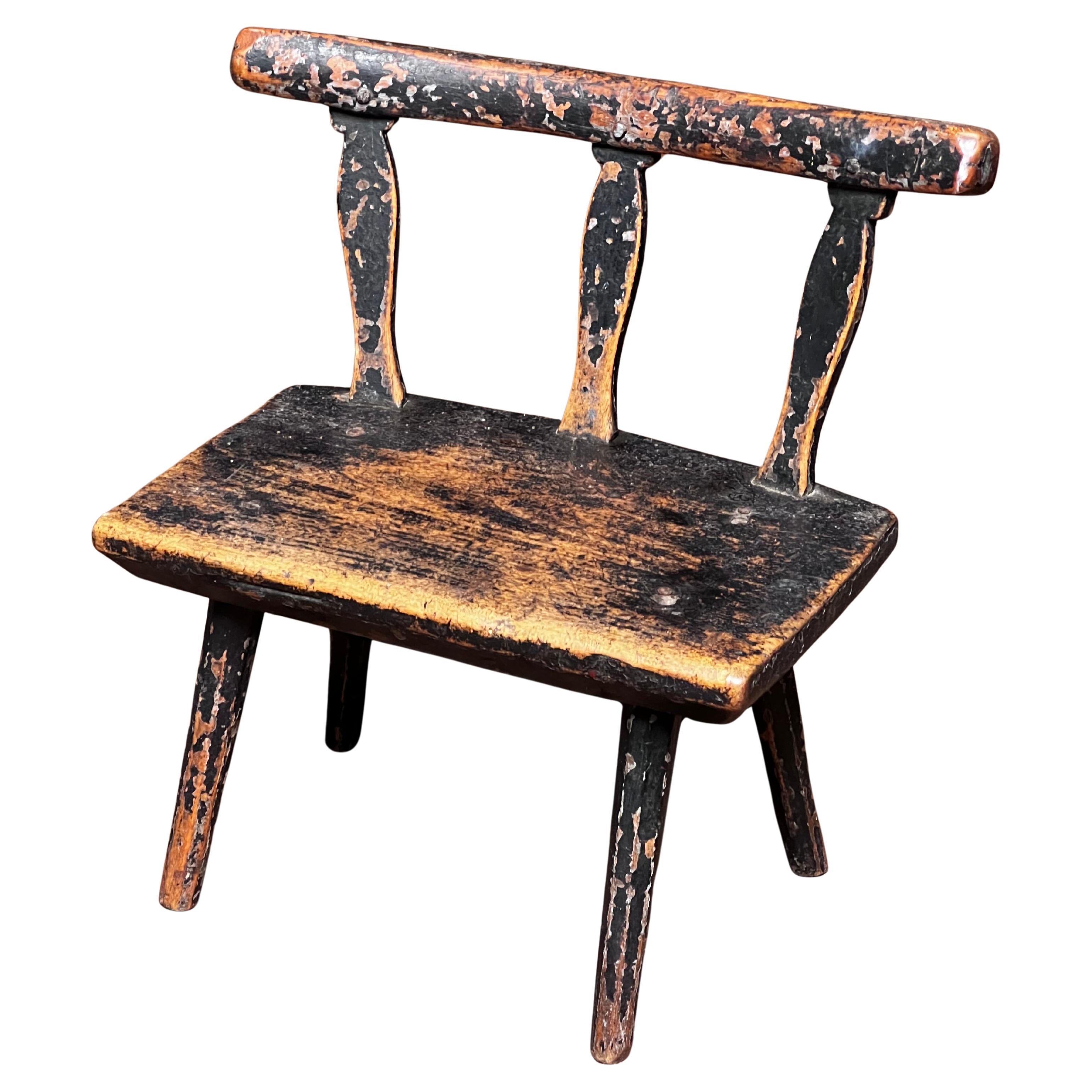 Swedish folk small black fireplace stool 18th century Folk Art Peasant unique