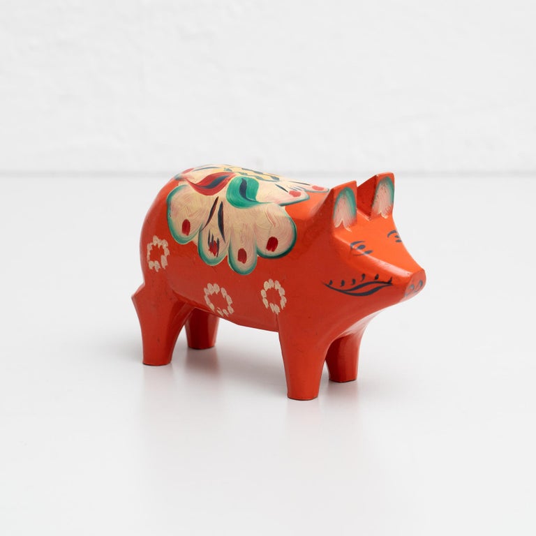 Hand-Painted Swedish Folk Wooden Dala Pig Toy, circa 1960 For Sale