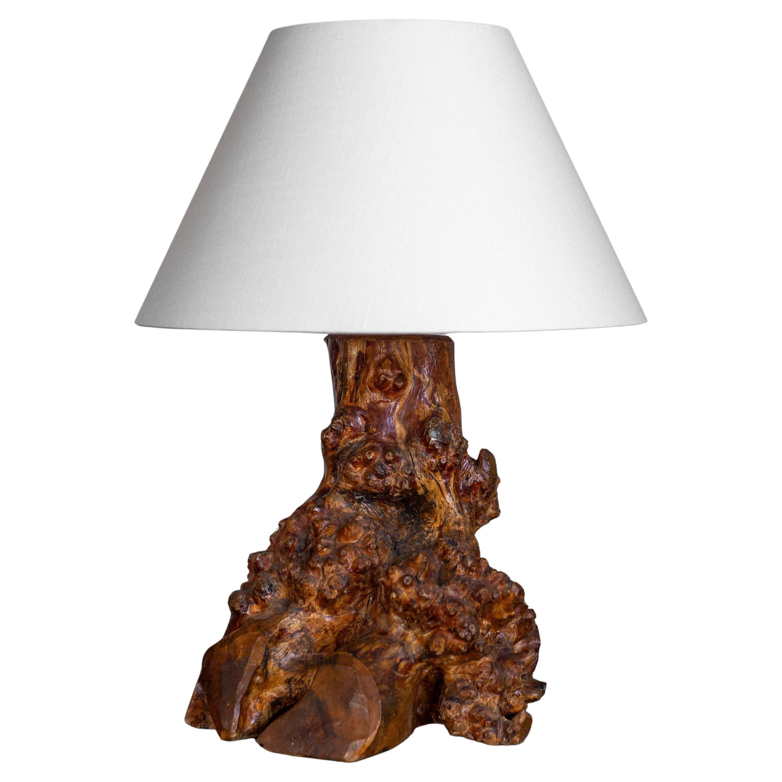 Swedish Freeform Burl Wood Table Lamp, Mid-Century Modern Sculptural Design